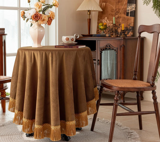 F-CHU Luxury Camel Tablecloth Thickset Velvet Tablecloth with Beautiful Gold Tassels Vintage Table Cloth for Home Decor Wedding, Party, Banquet and Events 60" Round