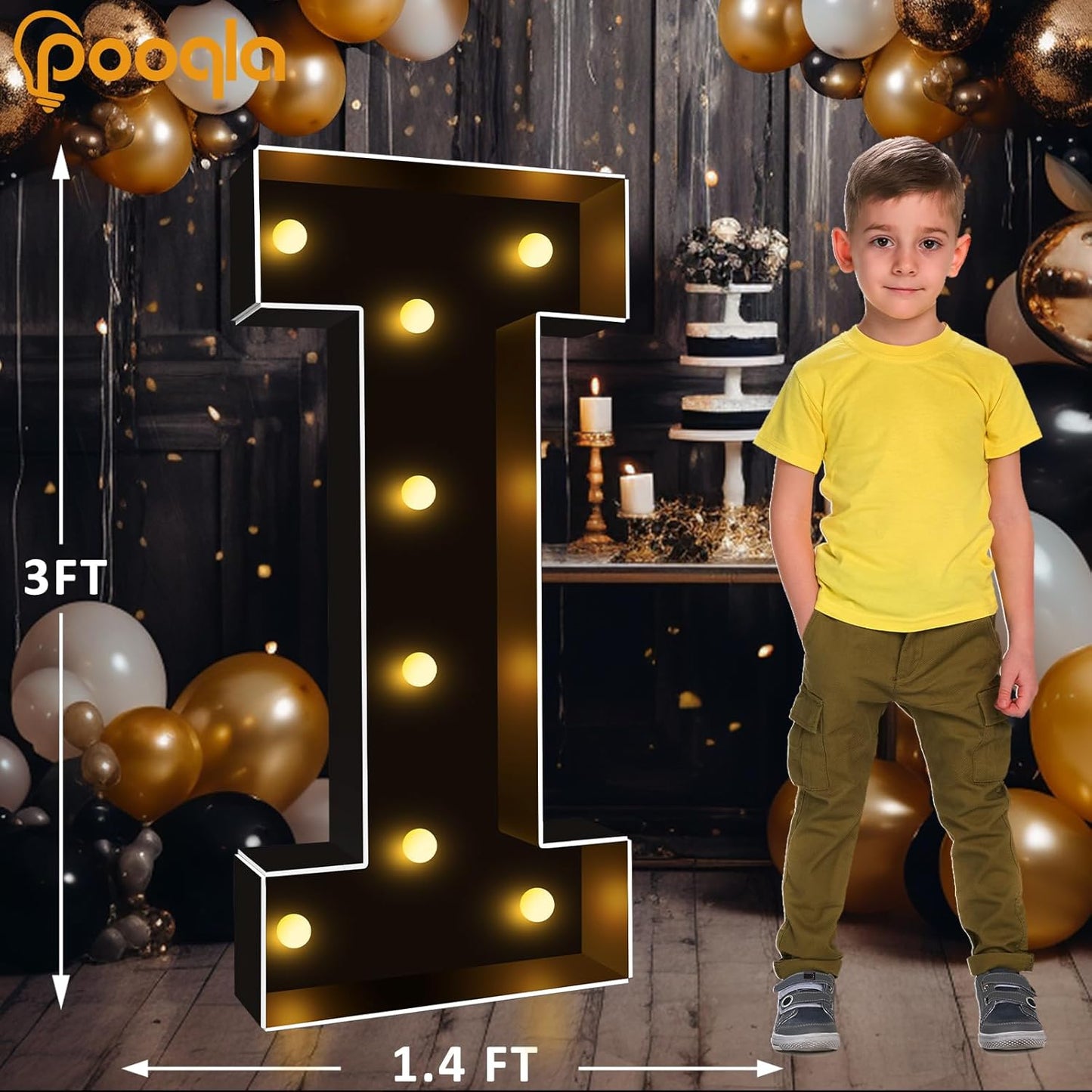 Pooqla 3FT Marquee Light Up Letters, Black LED Party Decor Large Marquee Letters 3 Feet Tall, Giant Mosaic Letter for Birthday Graduation Anniversary Wedding Decoration, Letter I