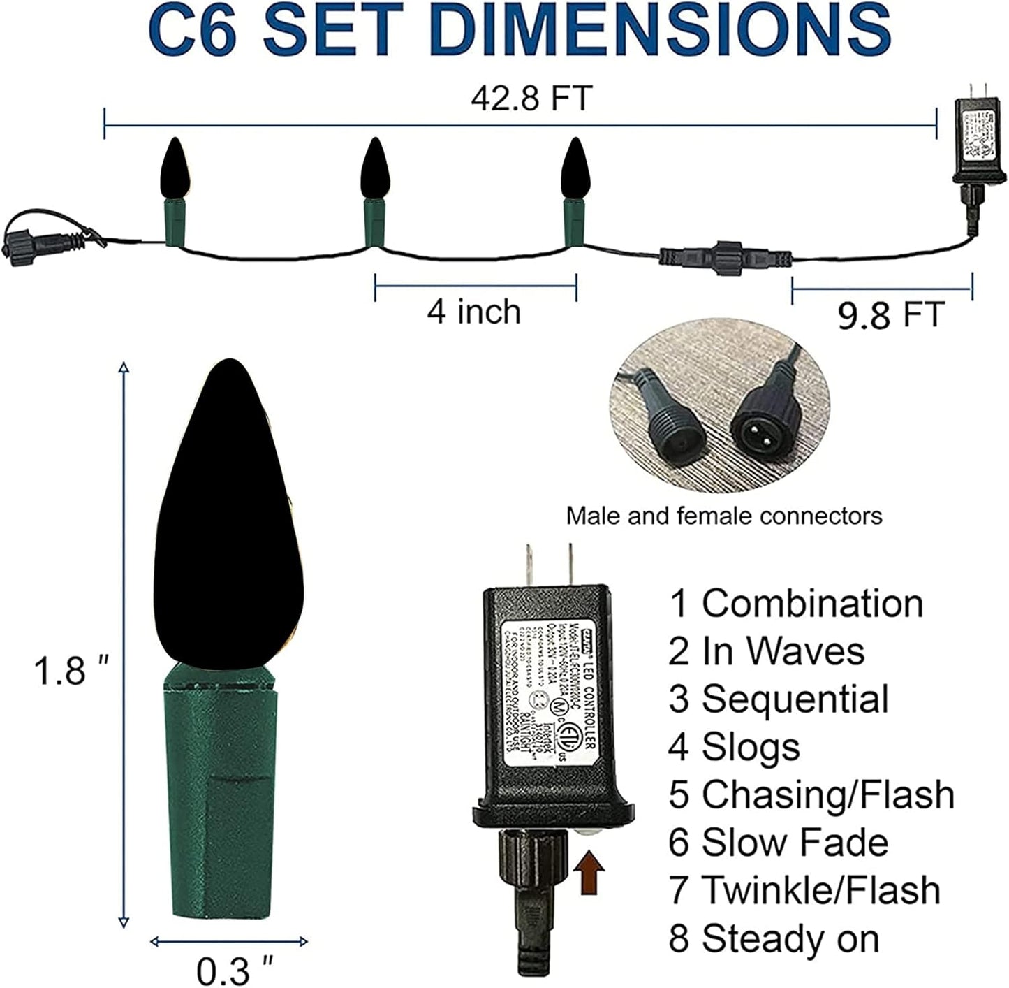 Dazzle Bright C6 Christmas String Lights, 100 LED 33 FT Waterproof Green Wire Fairy Lights, 8 Modes Christmas Lights for Indoor Outdoor Home Yard Xmas Tree Decorations (Multi-Colored)