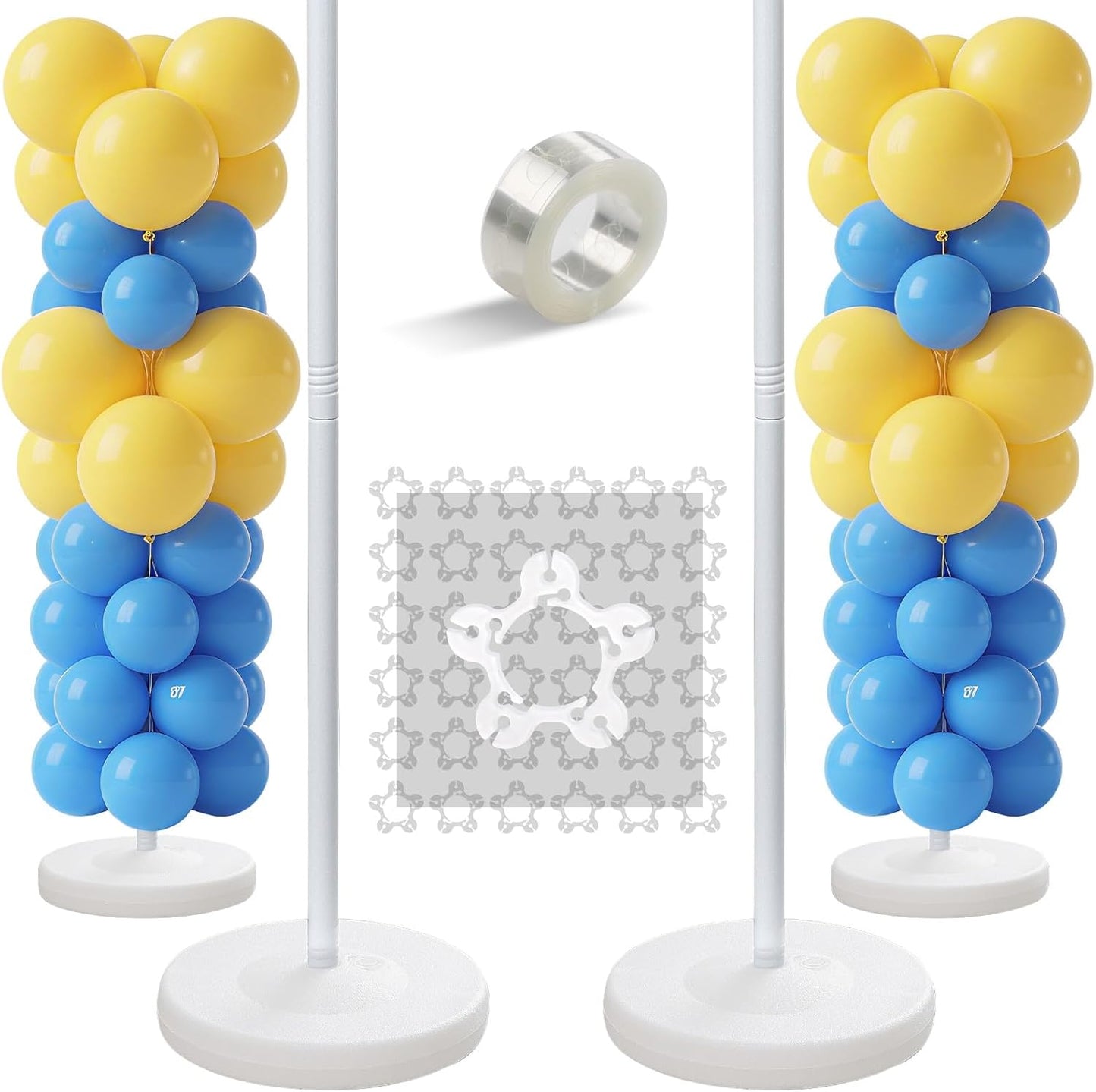 Balloon Stands for Floor Set of 2, Height Adjustable Splicing Metal Pole Balloon Column Stand for Birthday,Christmas,Halloween,Party,Events,Opening,Mall,Welcome Decorations, 1.3-5FT Tall, White