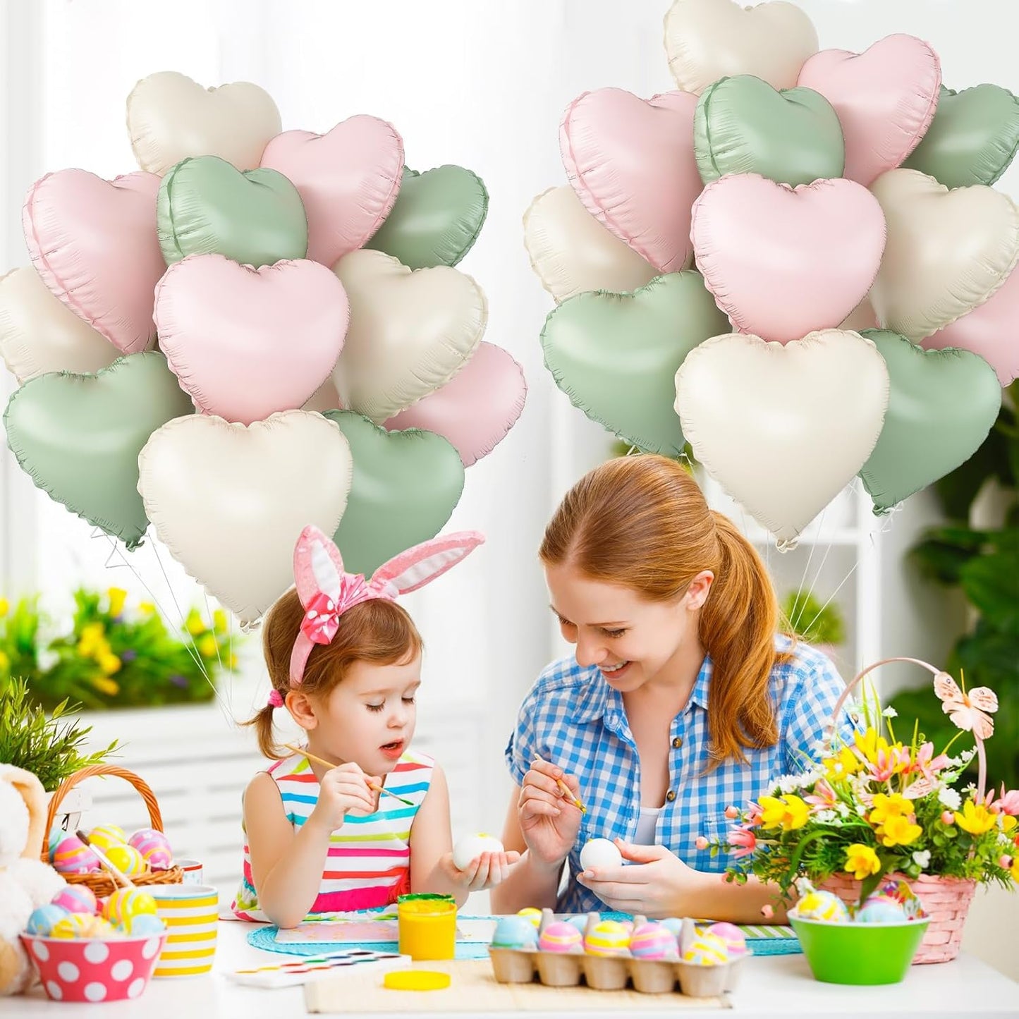 Pink Green White Heart Balloons,12Pcs 18Inch Cream White Baby Pink Sage Green Heart Shaped Foil Helium Balloons for Baby Shower Birthday Anniversary Wedding Engagement Party Decorations