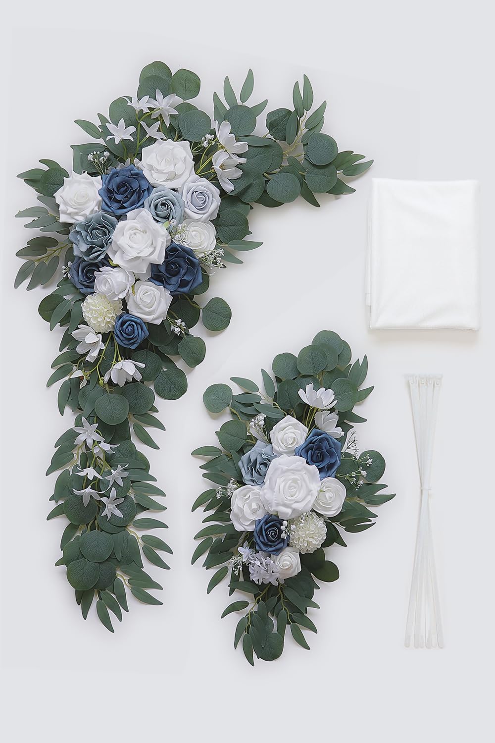 Dusty Blue Artificial Wedding Arch Flowers Kit (Pack of 3) with 26Ft White Shiny Arch Draping Fabric for DIY Wedding Party Ceremony Reception Backdrop Floral Decoration