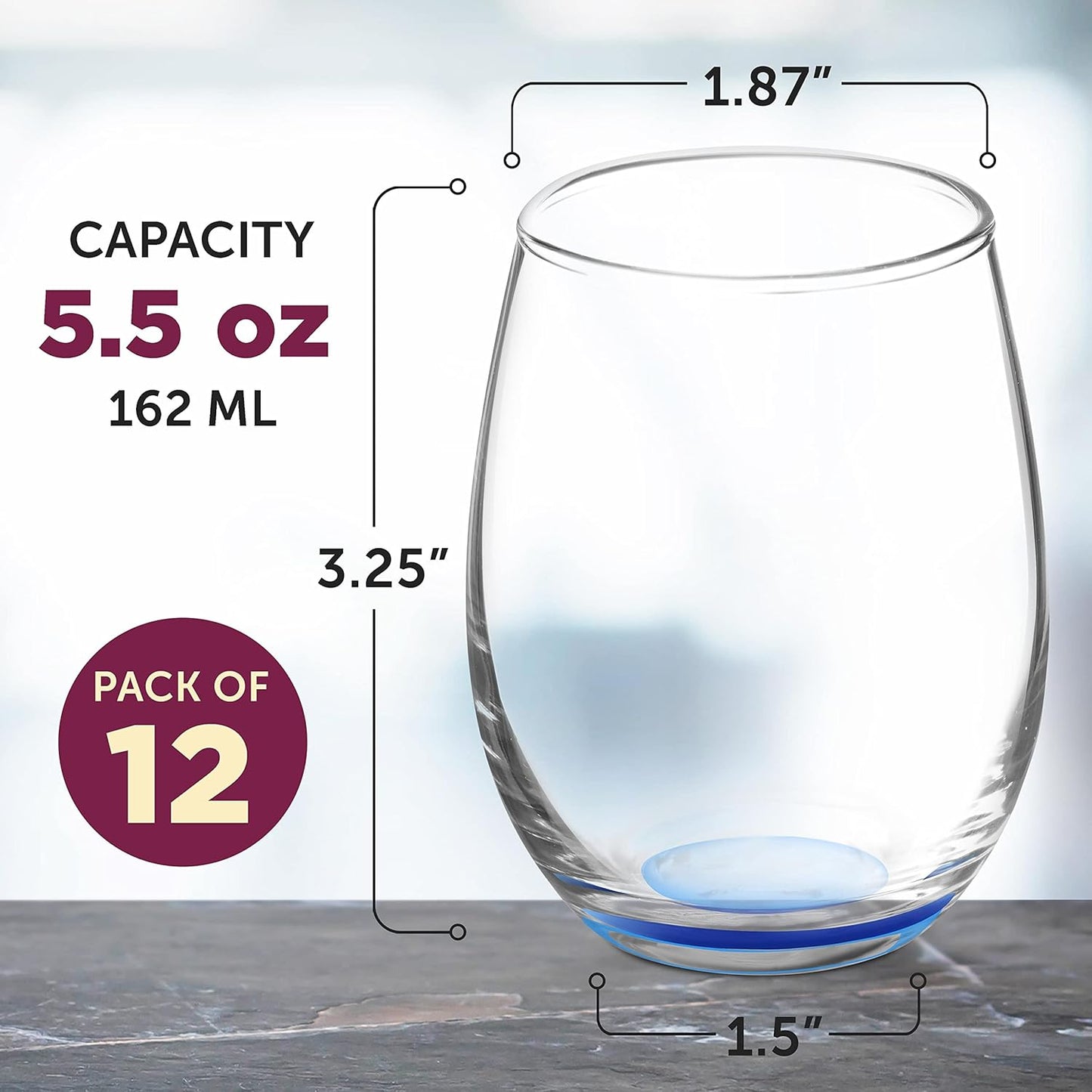 DISCOUNT PROMOS Stemless Wine Glasses by ARC 5.5 oz. Set of 12, Bulk Pack - Perfect for Hotel, Bar, Restaurant or Lounge - Blue
