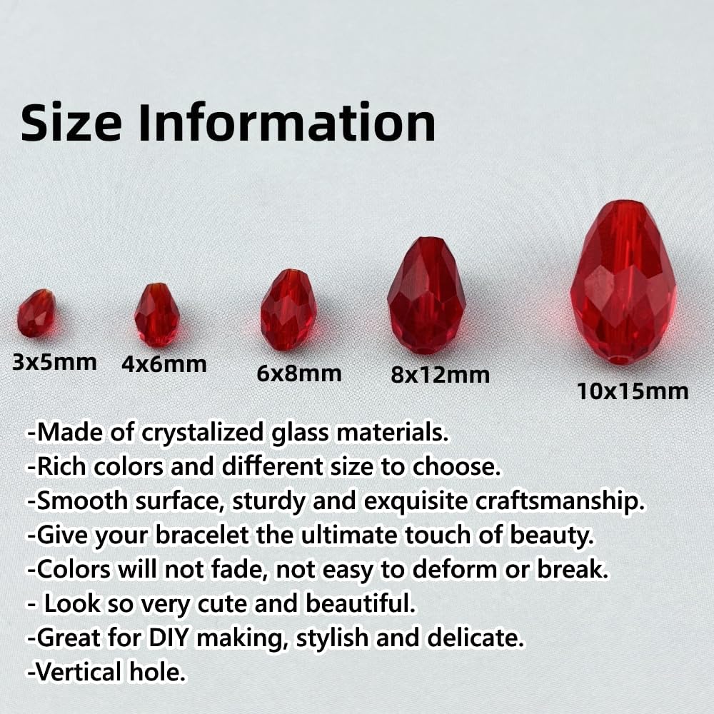 130pcs 6x8mm Teardrop Crystal Glass Beads for Jewelry Making, Faceted Vertical Hole Teardrop Glass Spacer Beads for Wind Chimes Bracelet Earring Necklace DIY Craft(Red)