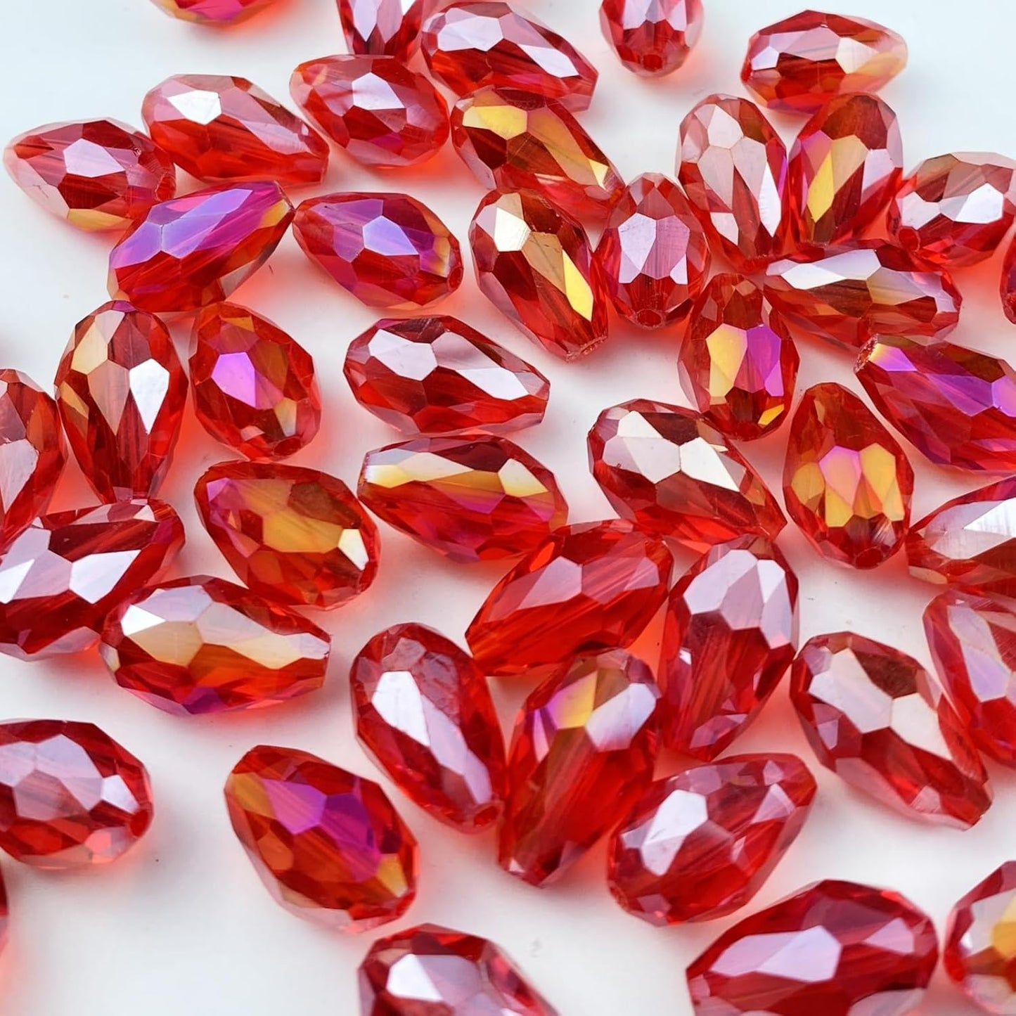 200pcs 4x6mm Teardrop Crystal Glass Beads Vertical Hole Faceted Glass Teardrop Spacer Beads for Bracelets Necklace Earring DIY Jewelry Making Craft(Red AB)
