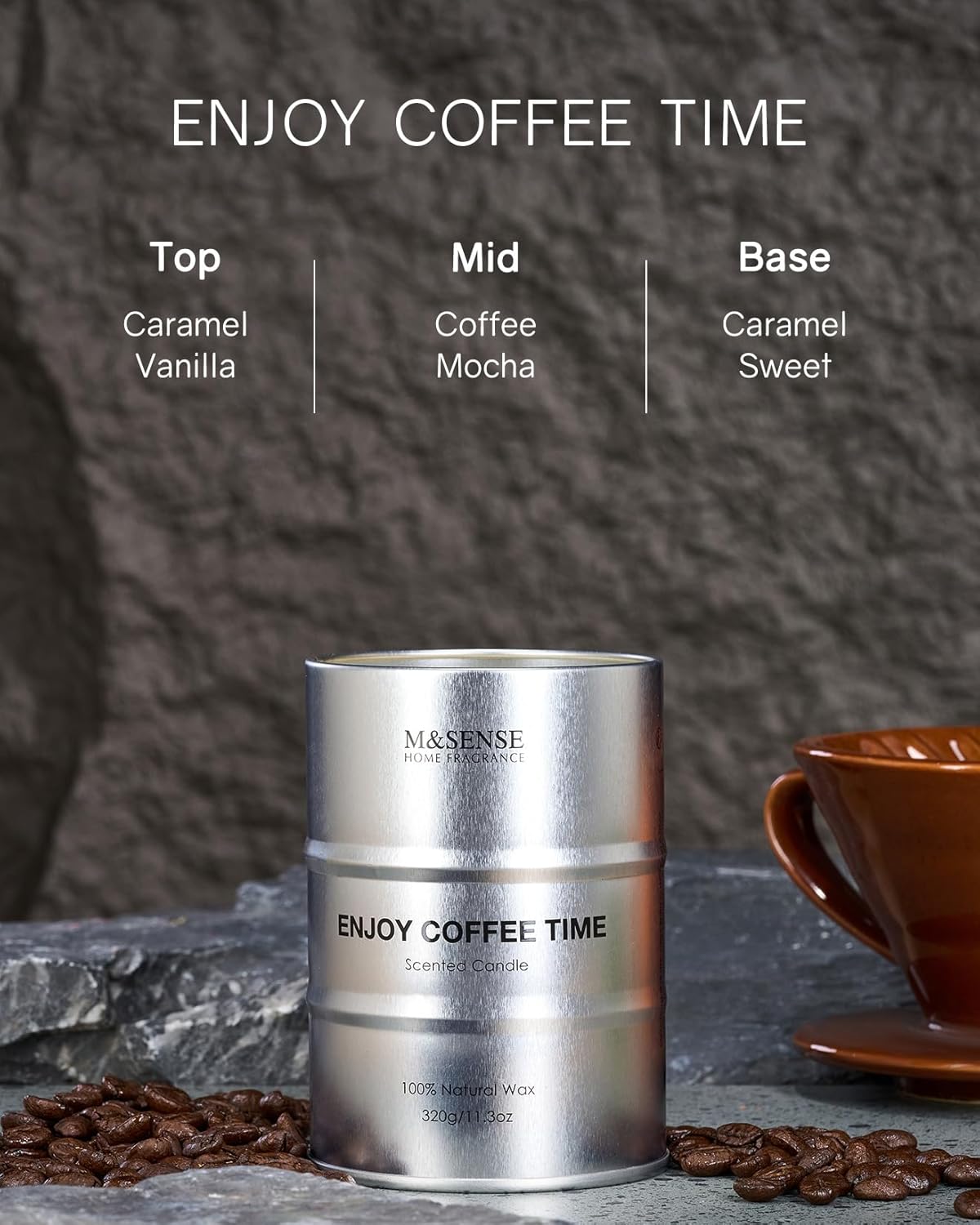 M&SENSE Scented Candle, Coffee Medium Jar Candle Gifts for Men, 70 Hours Slow Burning Natural Soy Candles 11.3oz, Stress Relief Aromatherapy Candles Home Decor, Valentines Day Gifts for Him