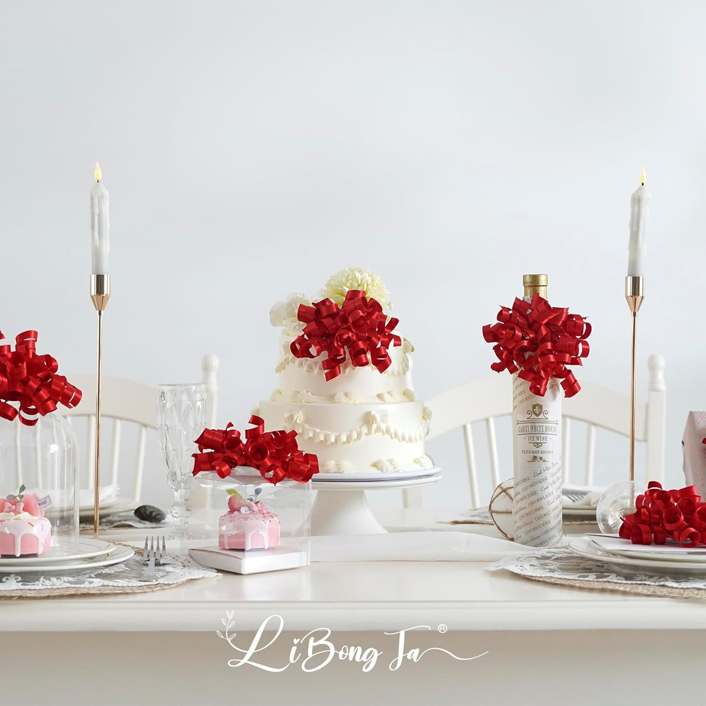 5 Inch Red Bows Curly Ribbon Bows for Gift Wrapping, Satin Bows with Double-Sided Tape, Self Adhesive Bows for Party, Wedding, Birthday Decor, Premade Bows for Crafts, Wine Glasses-8 Counts