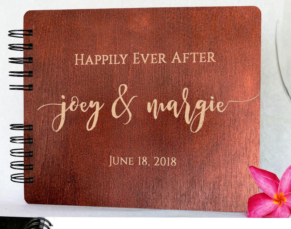 Wooden Wedding Guest Book (8.5"x 7" Mahogany Stain) Personalized Wood Rustic Charm Engraved for Bride and Groom Vintage Monogrammed Unique Anniversary Bridal Guest Registry Guestbook Made in USA