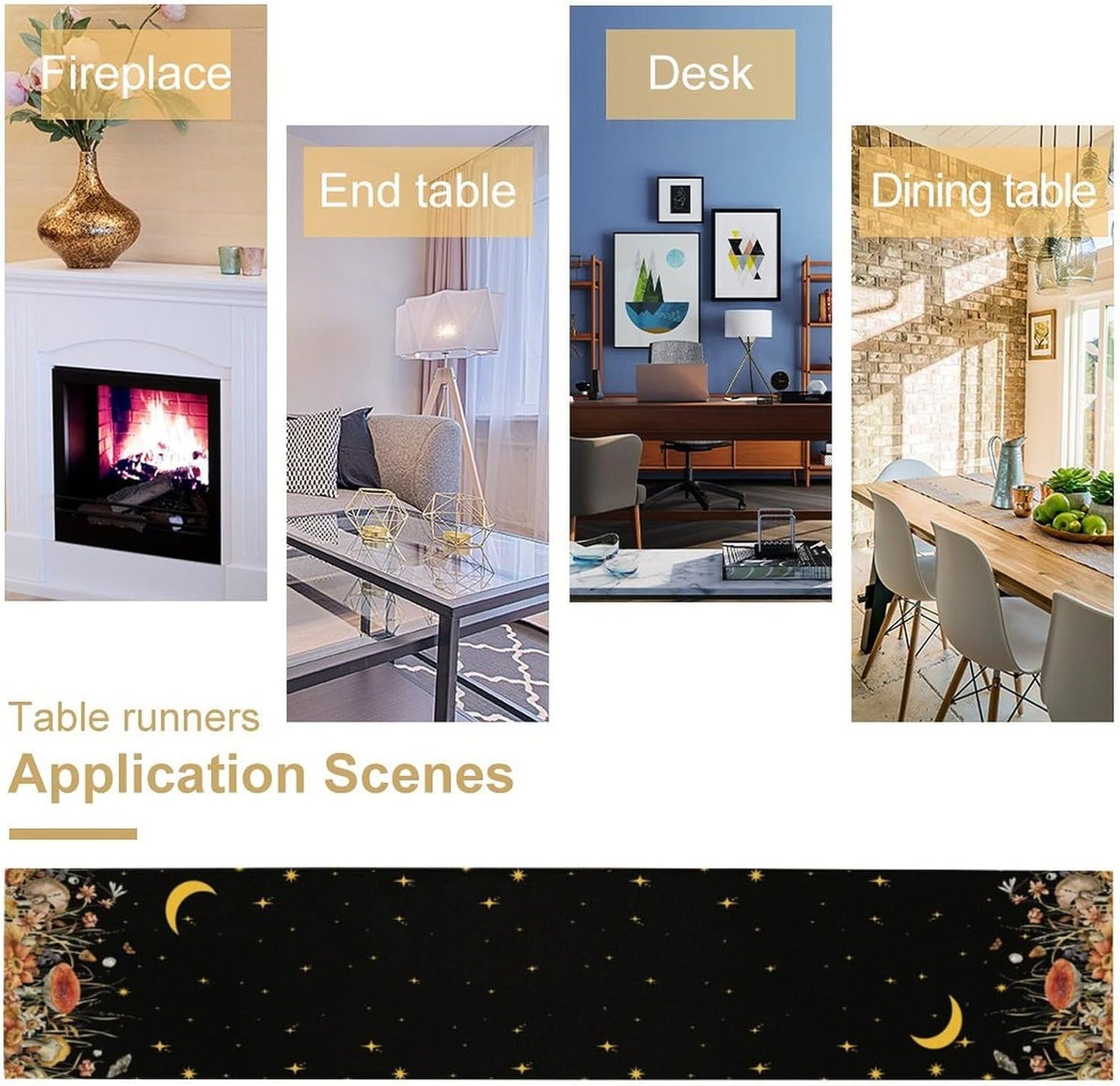 Mushroom Kitchen Table Runner, Gothic Moon Star Plants Witchy Moonlit Flower Butterfly Table Runner for Kitchen Party Living Room Drapes, 13x108 Inch Black