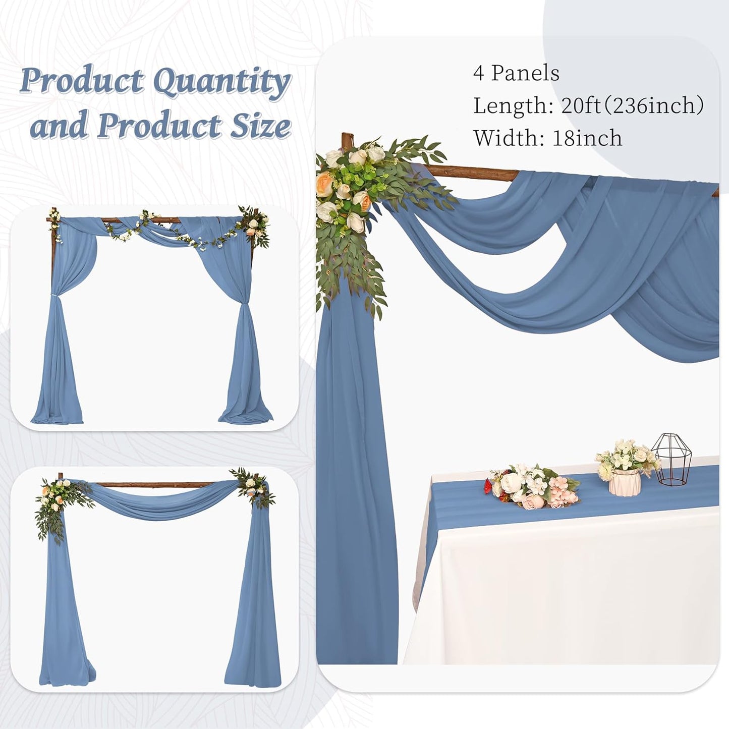 6 Panels Dusty Blue Wedding Arch Drapery 28" x 20Ft Wedding Arch Draping Fabric Chiffon Fabric Drape Backdrop Curtain for Nuptials Party Swag Ceremony Birthday Arbor Drapery Reception Ceiling Décor