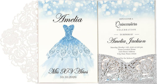 DORIS HOME 50pcs Laser Cut Quinceanera Invitation Pockets with Envelopes Silver Glitter, 5.12" x 7.12"Invitation Cards for Birthday, Miss 15, Sweet 16 (No Inserts Included)