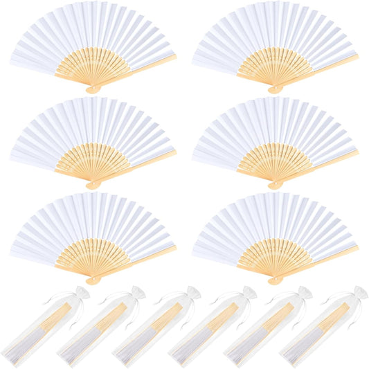 NEBURORA 6Pcs White Handheld Paper Fans 8.3 Inch Hand Held Bamboo Fans Foldable for Wedding Decoration Outdoor Party Favors DIY Decoration Dancing Photography Props