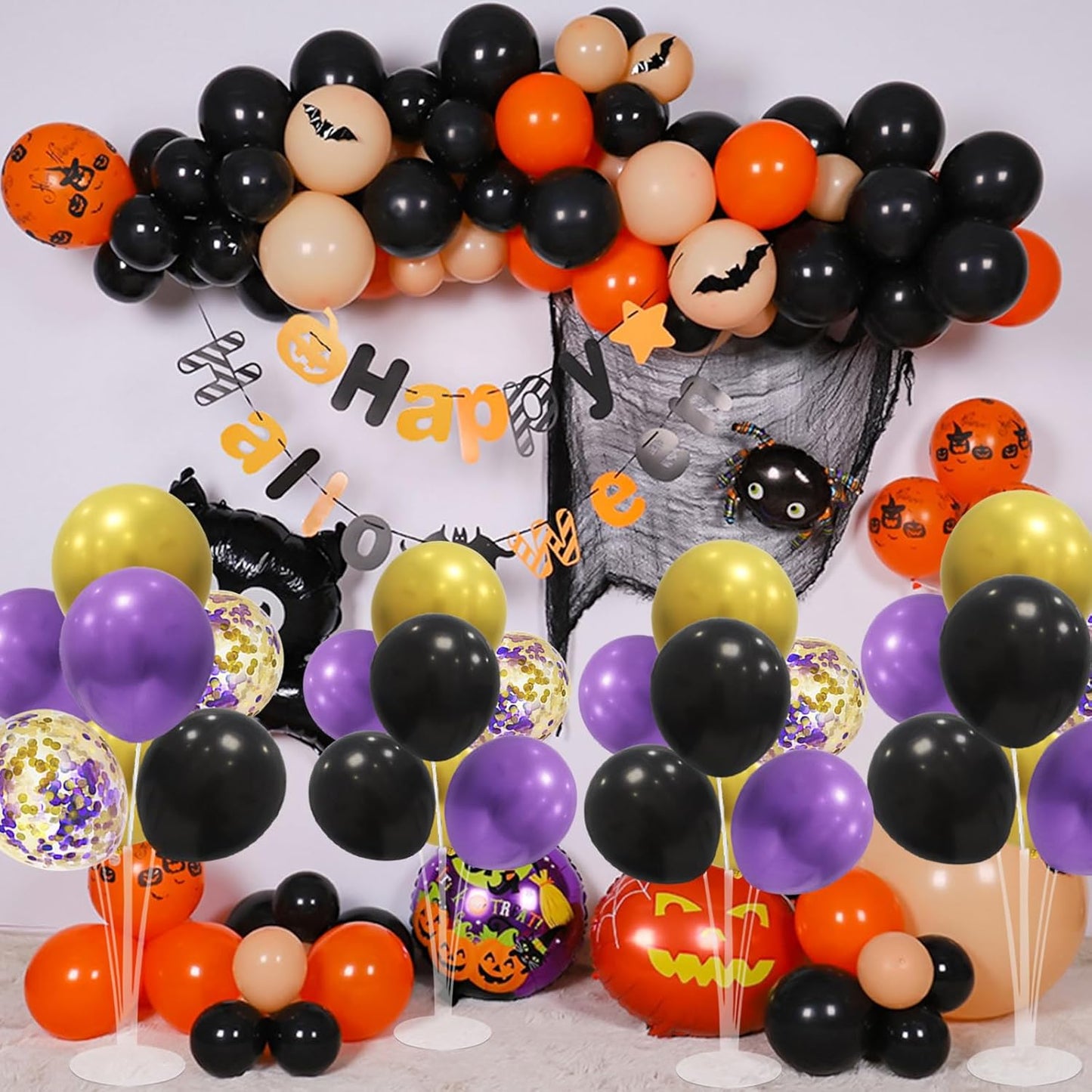 Halloween Decorations Balloon Stand with Purple Black and Gold Balloons Balloon Centerpieces for Birthday Bridal Shower Wedding Retirement Graduation New Years (Purple black gold set4)