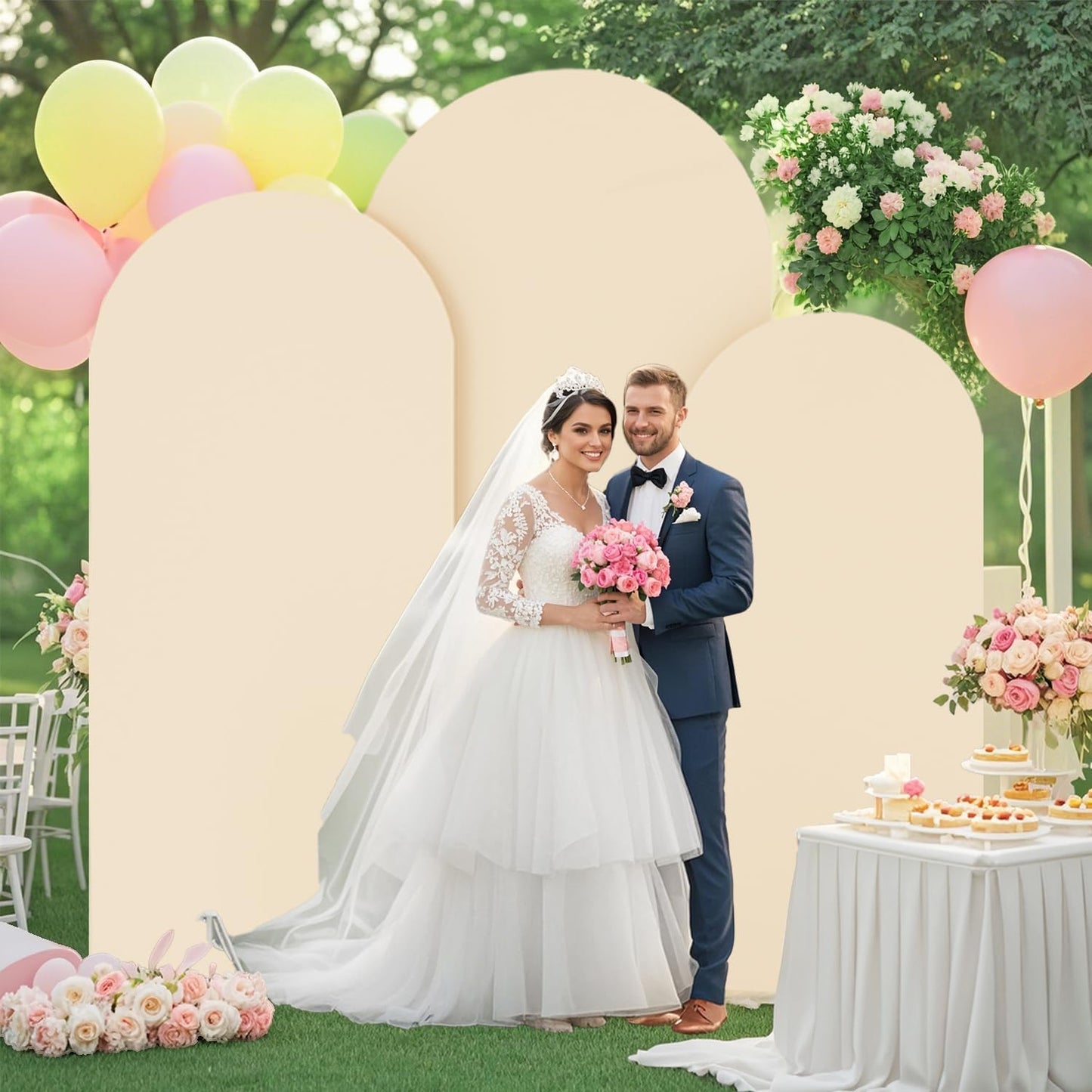 FOTSHARER Metal Wedding Arch Stand and Cover Set of 3 Gold Balloon Arch Backdrop Stand 6FT, 5FT, 4FT Beige Spandex Arch Covers Stretchy Backdrop for Gender Reveal Baby Shower Birthday Party Decoration