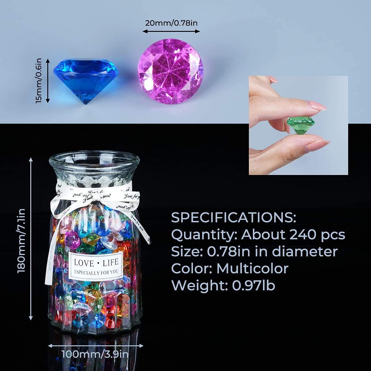 Acrylic Diamond Fake Gems Vase Filler, Babenest 240pcs 3/4 Inch Faux Diamonds Crystals Jewels for Table Scatters Wedding Party Easter Event Arts & Crafts Birthday Decoration Favor (Multicolor)
