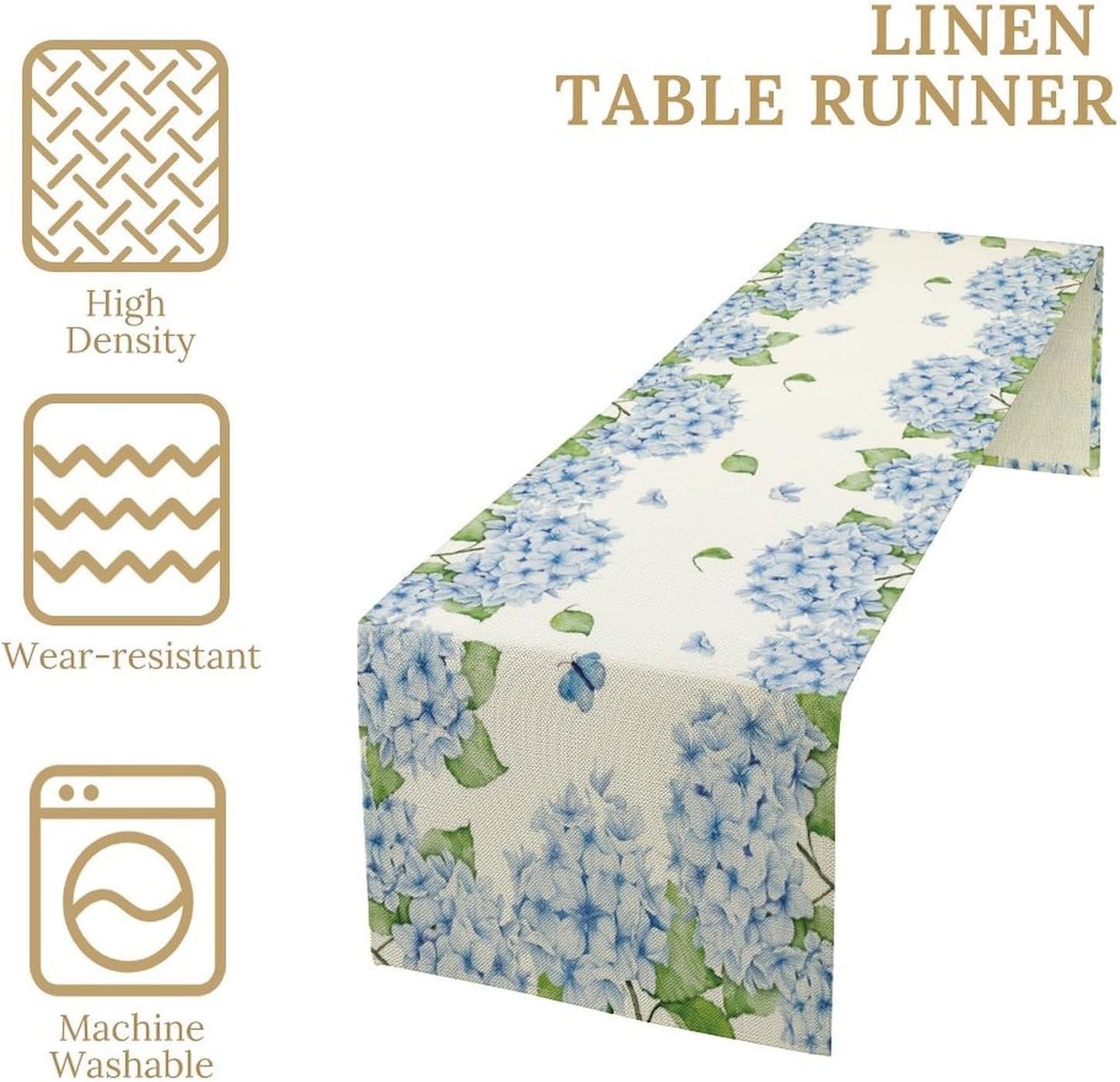 Watercolor Hydrangea Flower Table Runner, Spring Summer Seasonal Plants Butterfly Blue Dinner Runner for Home Kitchen Dining Table Party Holiday Decoration 13"x60"