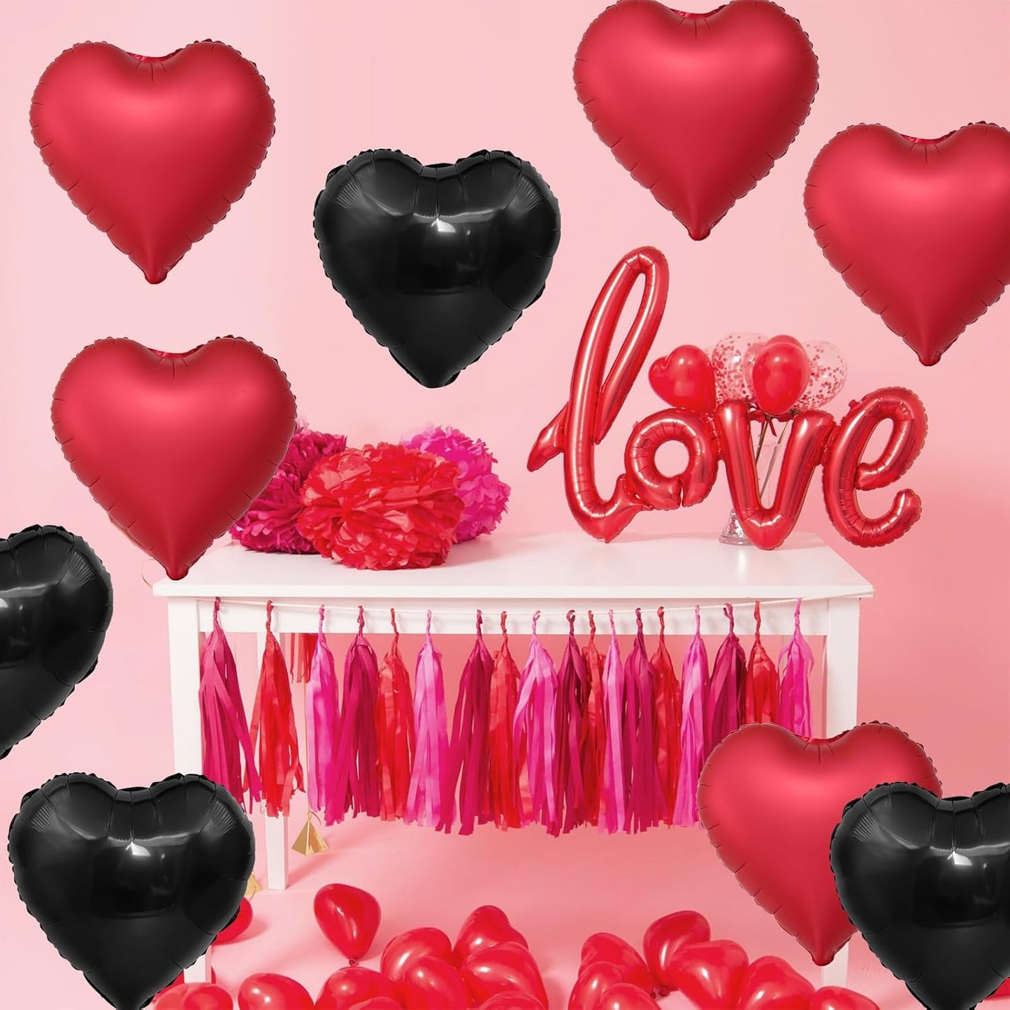 Black Red Heart Balloons,12Pcs 18Inch Black Metallic Red Heart Shaped Foil Helium Polyester Film Balloons for Birthday Anniversary Wedding Engagement Party Decorations