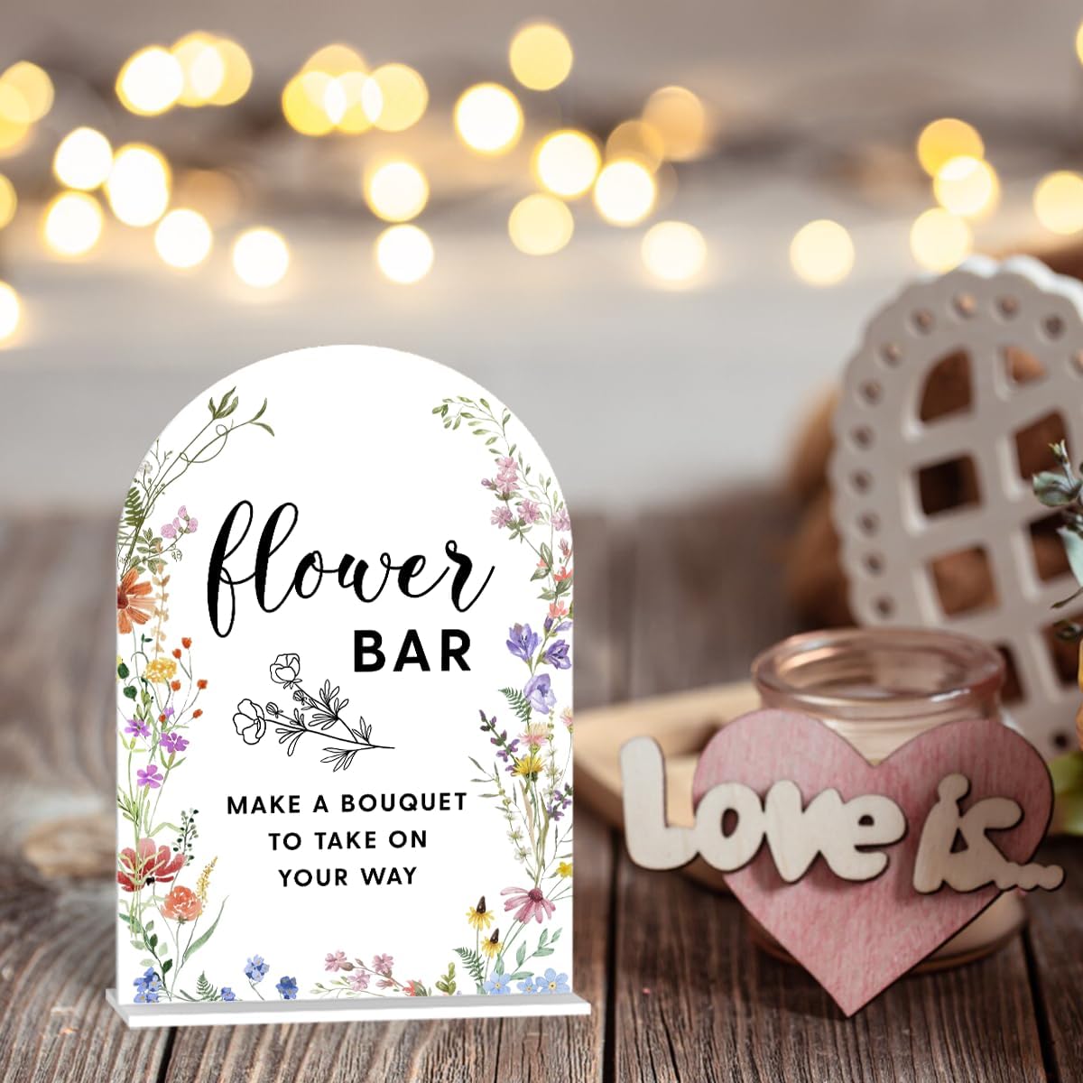 Acrylic Wedding Signs, Flower Bar Signs for Marriage Reception, Flower Bar Desk Decor, Modern Arched Round Top Acrylic Table Top Sign with Holder for Wedding Reception Party (White Wildflowers)