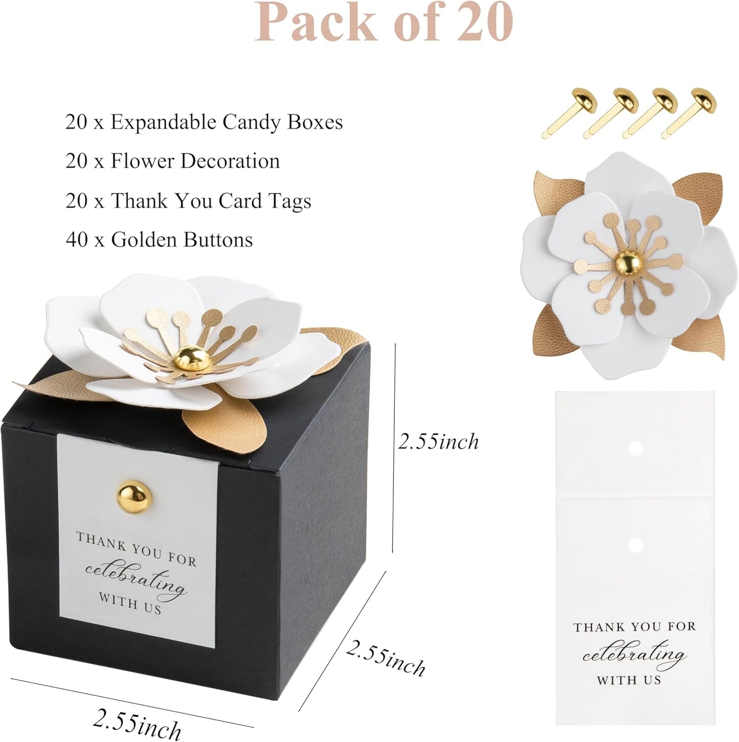 FEIYI 20 PCS Candy Boxes, 3 In 1 Black Favor Boxes with Floral Decor, White Thank You Tags Gift wrapping for Wedding Birthday Baby Shower Decorations Party -2.55x2.55x2.55''