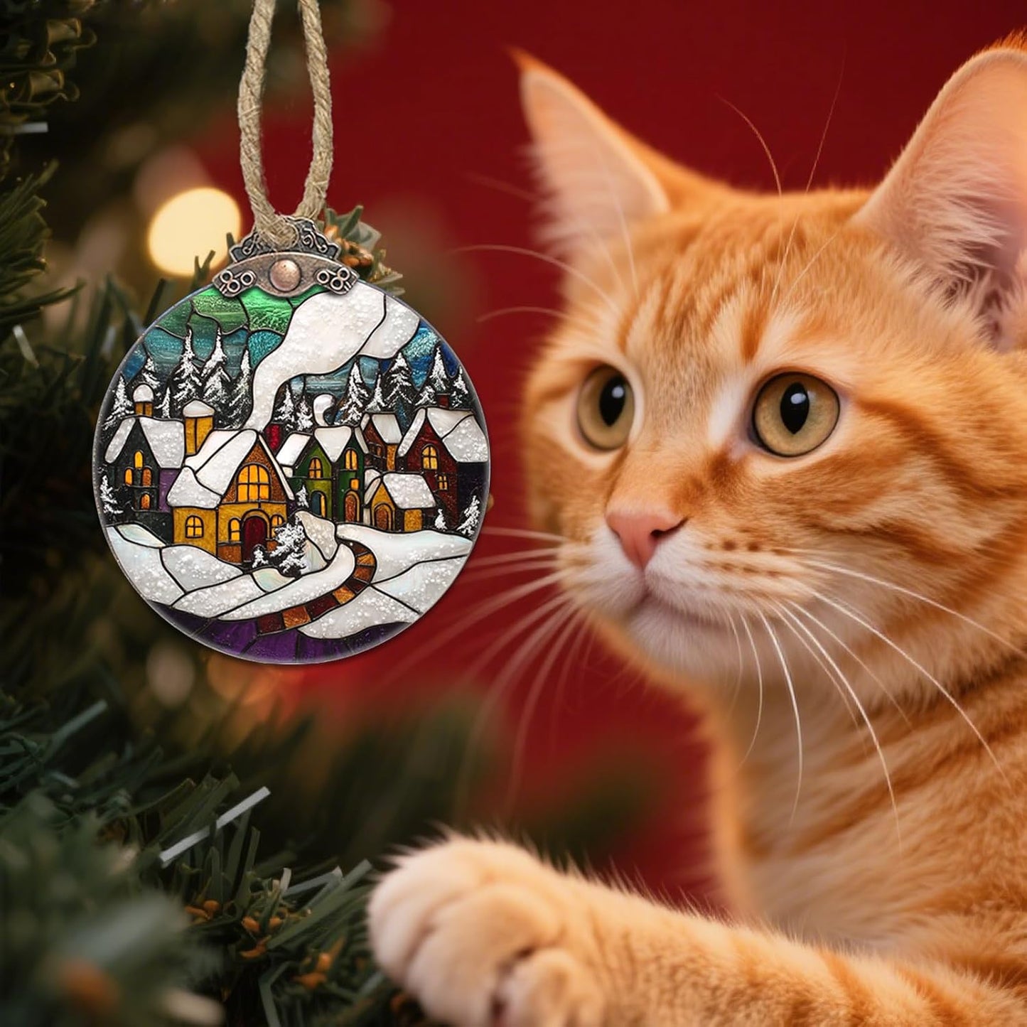 Stained Glass Christmas Decorations, Winter Snow Cabin Suncatcher for Window Christmas Tree Hanging Ornaments Retro White Sun Catcher Xmas Decor Gifts for Women Men Mom Nana Friend