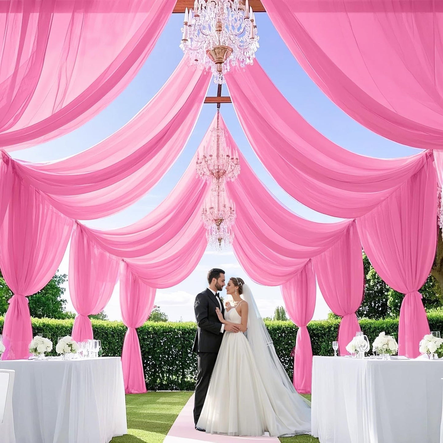 MODFUNS Wedding Arch Drapes Fabric Pink Ceiling Draping 2 Panels 5x20 FT Chiffon Curtains for Backdrop Sheer Voile Swag Curtain Wedding Drapery for Arch Bed Canopy Tent Backdrop for Reception Arbor