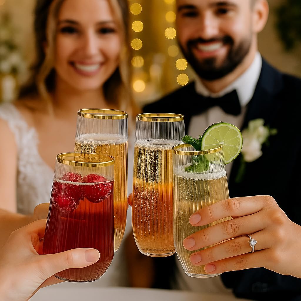 48 Pack Ribbed Origami Ripple Plastic Glasses, 24 9 Ounce Stemless Champagne Flutes & 24 12 Ounce Cups, BPA-Free Disposable Shatterproof Toasting Glasses for Weddings, Bars, and Events (Gold Rim)