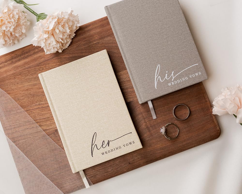 His & Her Wedding Hardcover Vows Books (Set of 2) - 5.75 x 5 Minimalist Pocket Sized Embossed Wedding Ceremony Vow Renewal Speech Notebook Journal