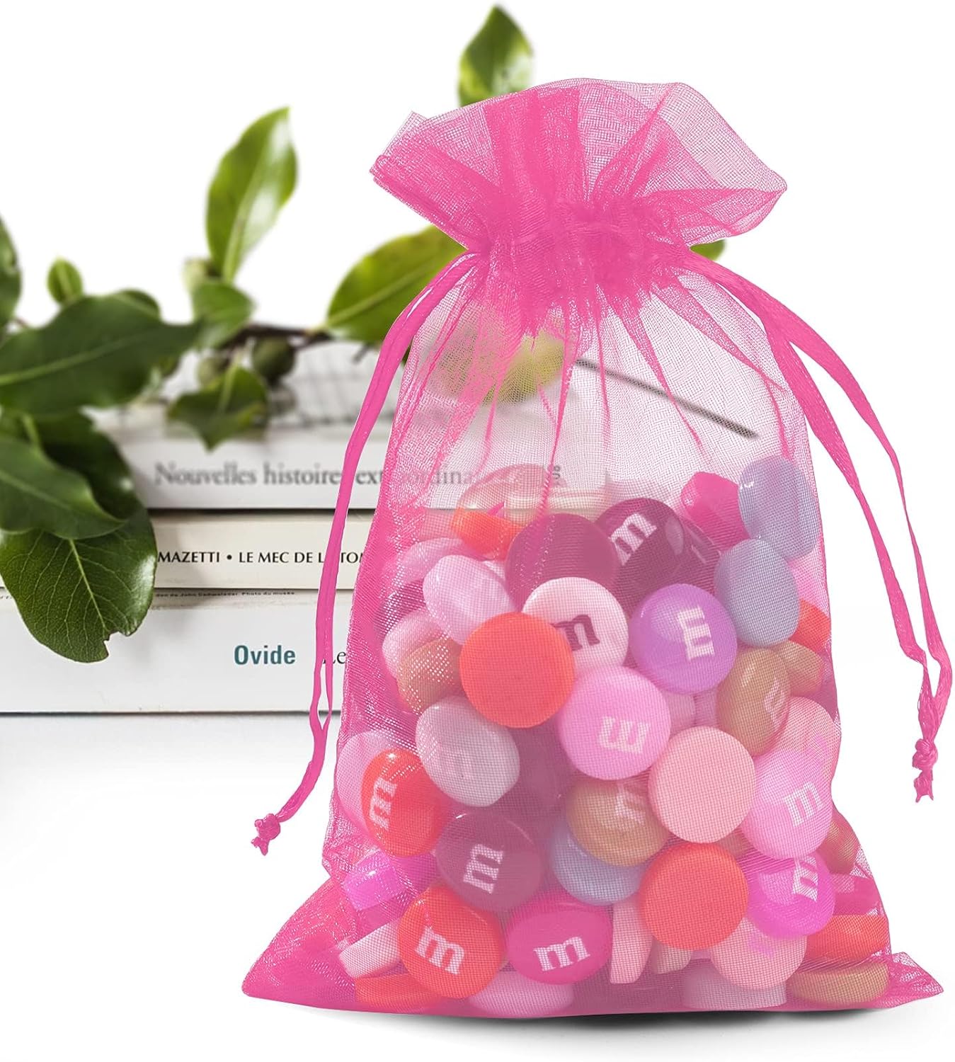 ANZNKU 100 Pack Organza Bags 4 x 6 inch Sheer Drawstring Small Mesh Bags for Candy Jewelry Party Wedding Christmas Favor Gift Bags(Hot Pink)