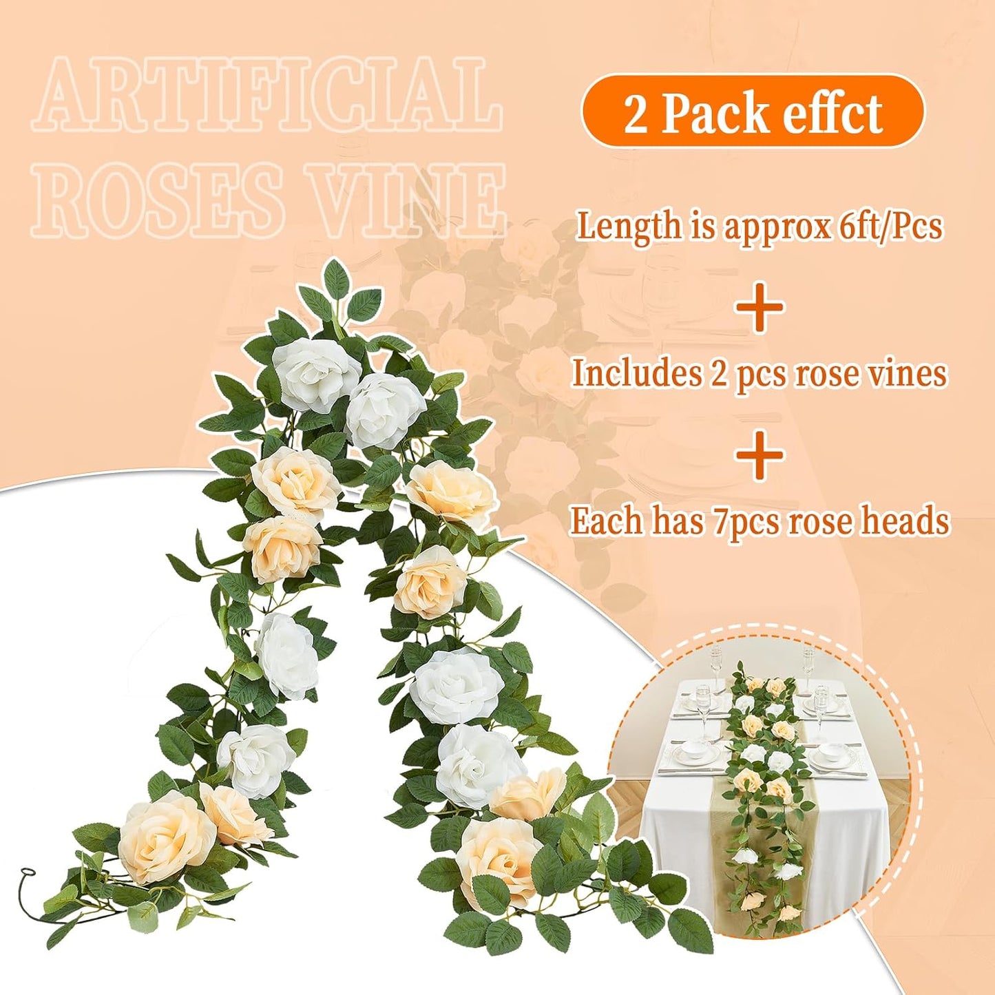 Artificial Rose Garlands Rose Vines Leaves Banners Hanging Floral Garland Fake Rose Flower Vine Wall Decorations, Champagne
