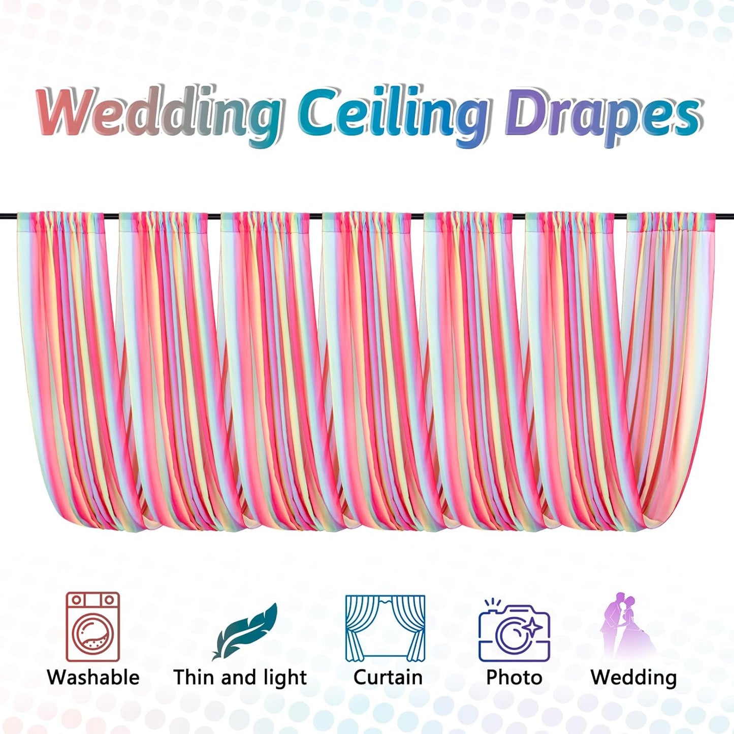 DUOBAO Rainbow Chiffon Ceiling Drapes 59''x20FT 6 Panels Sheer Arch Draping Fabric for Event Party Supplie, Baby Shower Photo Booth Background Supplies, Colorful Backdrop