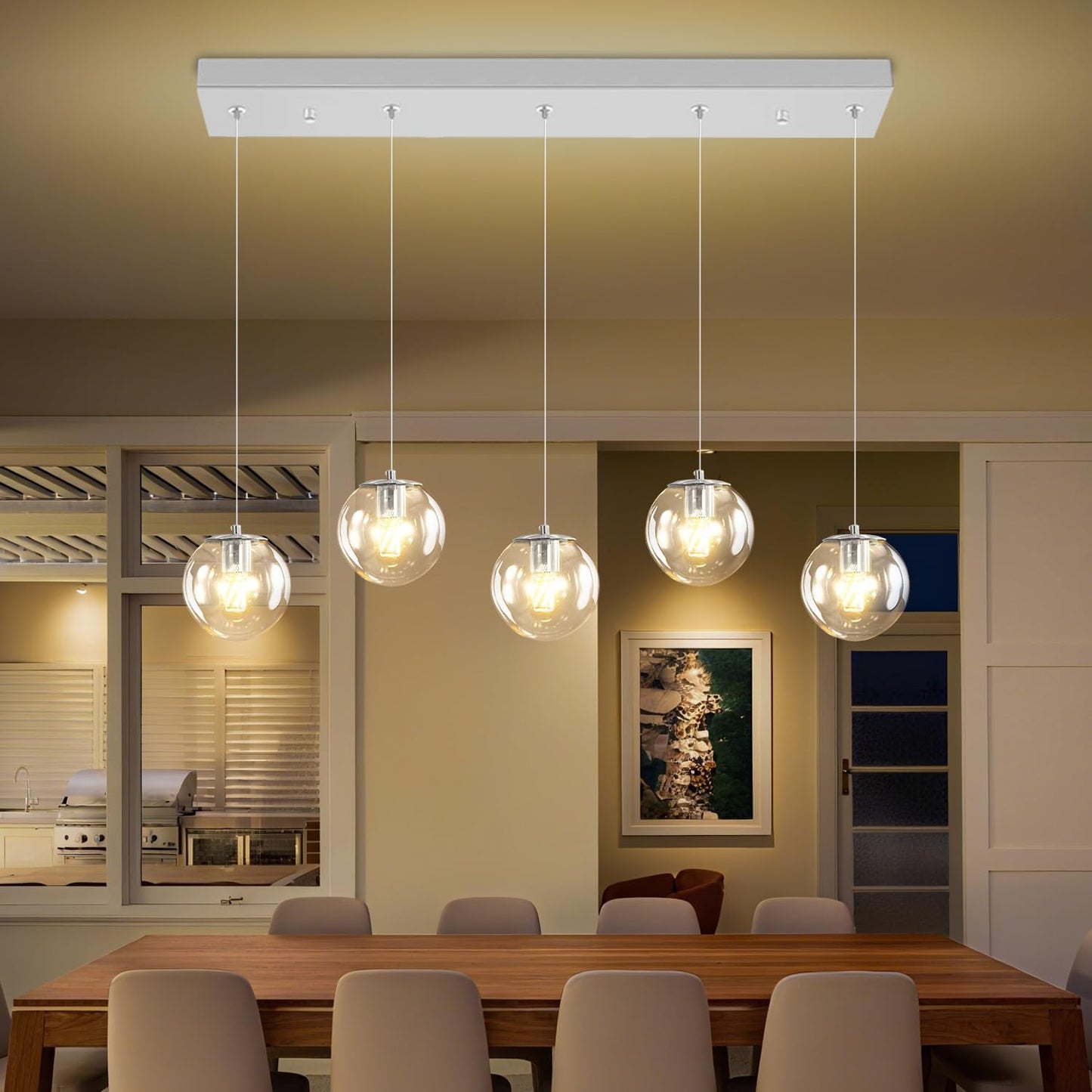 5-Lights Modern Rectangle Chandelier Globe Pendant Light,Chrome Linear Globe Chandeliers for Dining Room and Kitchen Island