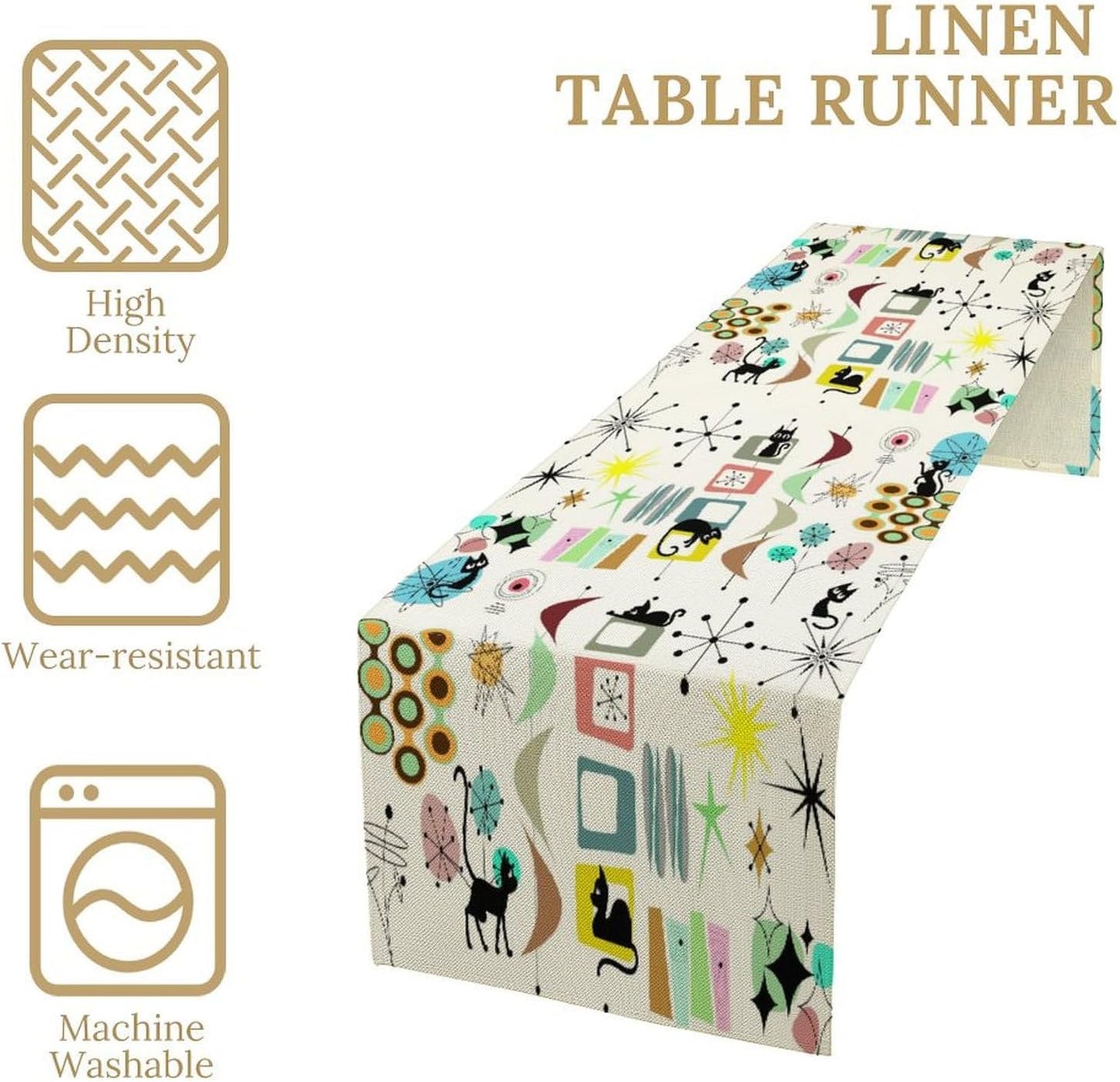 Colorful Geometric Table Runner,Vintage Mid Century Cute Cat Abstract Morden Print Tablecloth Burlap for Hotel Indoors Outdoor Dining Room Kitchen Home Decor, 13x108in