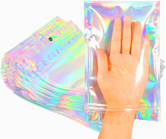 Smell Proof Bags & Resealable Foil Pouch Mylar Sample Bag Great for Party Favor Food Storage (Holographic Color) (50Pcs-5.5x8 Inch)