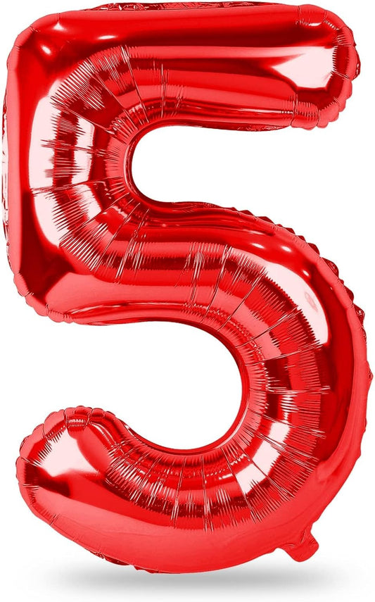 40 Inch Red Large Numbers Balloons 0-9, Self Inflating Foil Number 5 Helium Balloons for 5th Boys Girls, Big Digit 5 Balloons for Women Men Birthday Party Anniversary Graduation Supplies Decorations