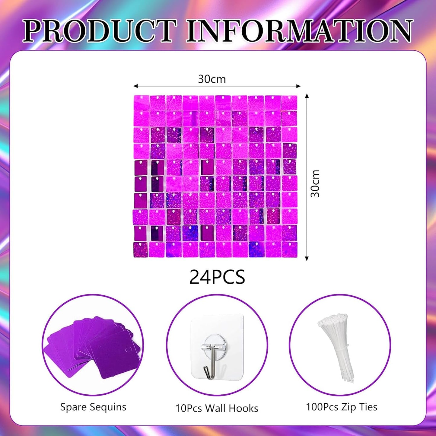 24PCS Purple Shimmer Wall Backdrop, Laser Square Sequin Photo Backdrops Panel, Glitter Wall Background for Birthdays, Weddings, Christmas, Engagements, Disco Bachelorette Party Decoration (4FTx6FT)