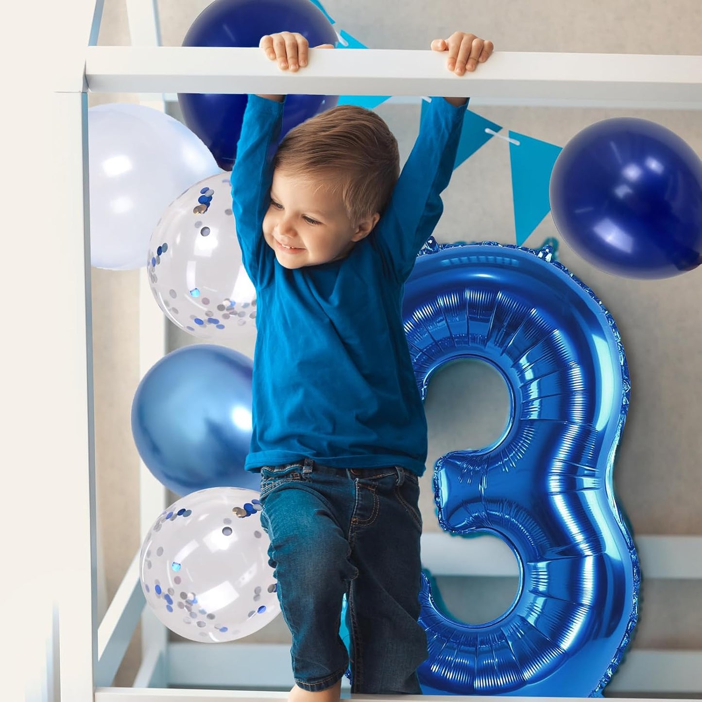 Navy Blue 3rd Birthday Balloon - Giant Self Inflating Number 3, Metallic Dark Blue Silver Confetti Helium Balloon, Foil 40 Inch Three for Boys 3 Year Old Birthday Party Anniversary Decor