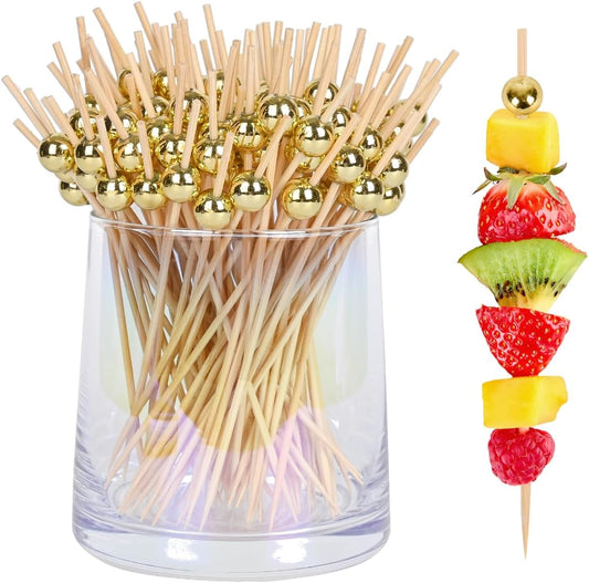 300Pcs Fancy Toothpicks for Appetizers,4.7Inch Gold Pearl Cocktail Picks For Drinks,Bamboo Appetizer Skewers for Charcuterie Boards Accessories,Martini, Sandwich,Desserts,Fruit,Gold Party Decorations
