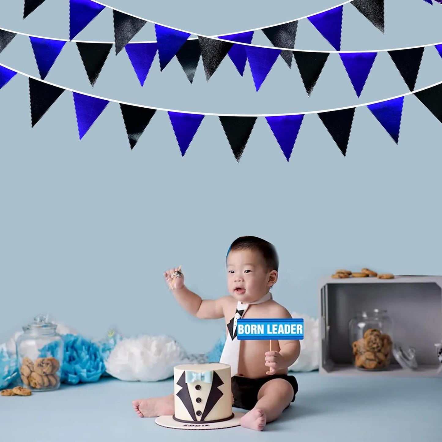 Royal Blue Black Party Decorations Navy Black Metallic Fabric Triangle Pennant Banner Flag Bunting Garland for Graduations Birthday Retirement Wedding Bachelorette Nautical Outdoor Party Supplies