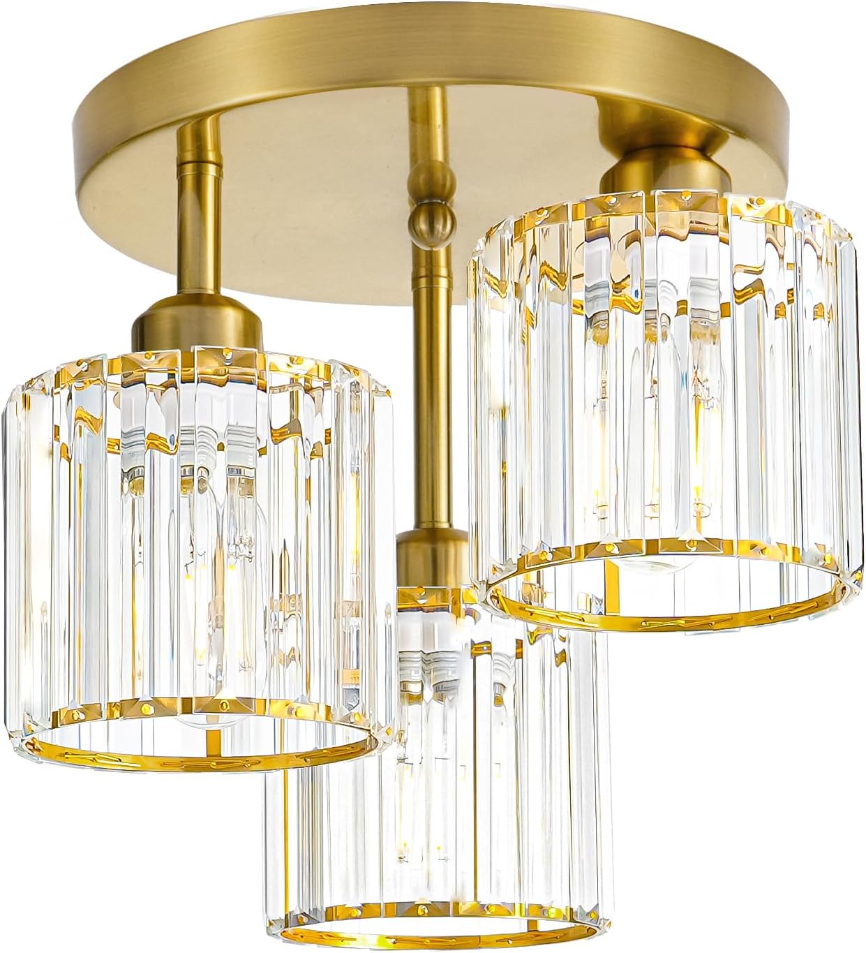 Modern Semi Flush Mount Ceiling Light, 3-Light Crystal Close to Ceiling Light Fixtures, Gold Kitchen Light Fixtures with Clear Crystal Shade, Hallway Light Fixtures for Hallway Bedroom Bathroom
