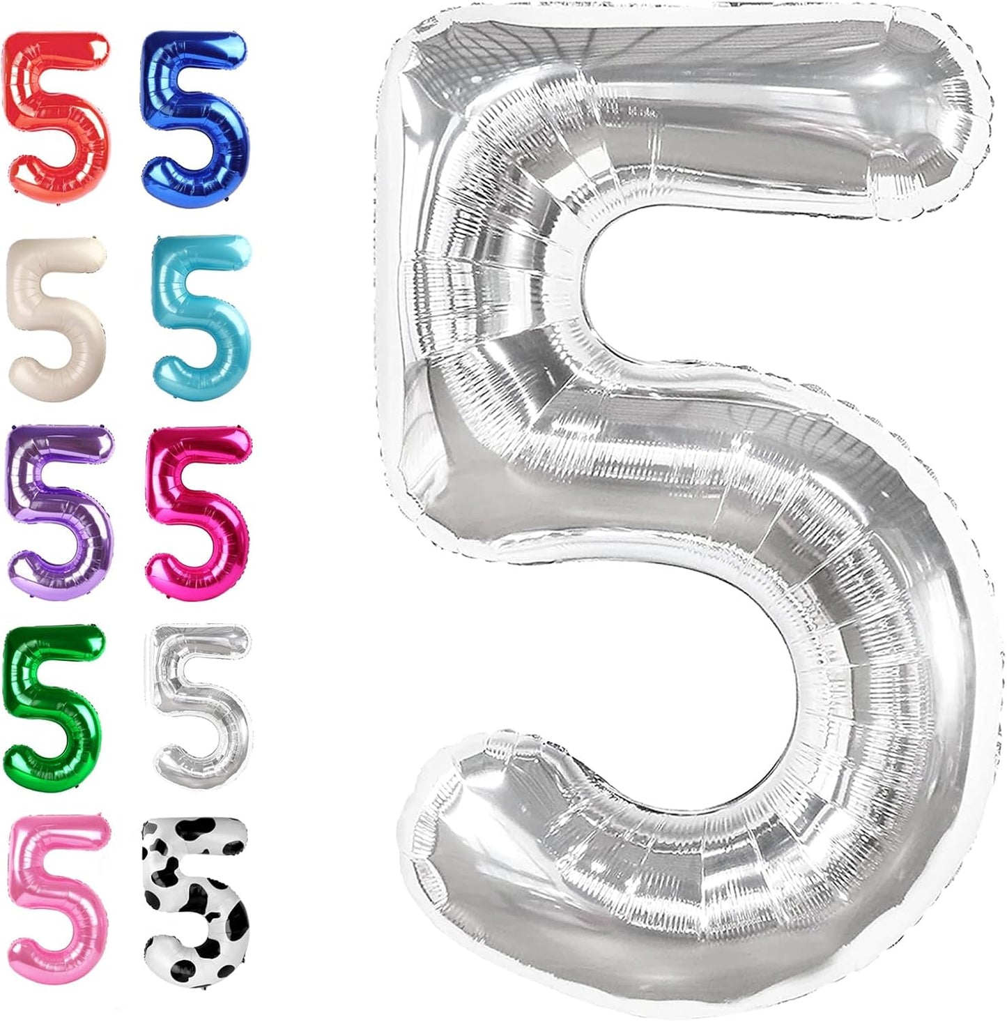 Silver 40 Inch Large Number 5 Birthday Balloon, Five 5th 15 25 35 50 55 Birthday Celebration Decorations, Foil 5 Mylar Helium Number 5 Balloons Girl Boy Anniversary Party Supplies