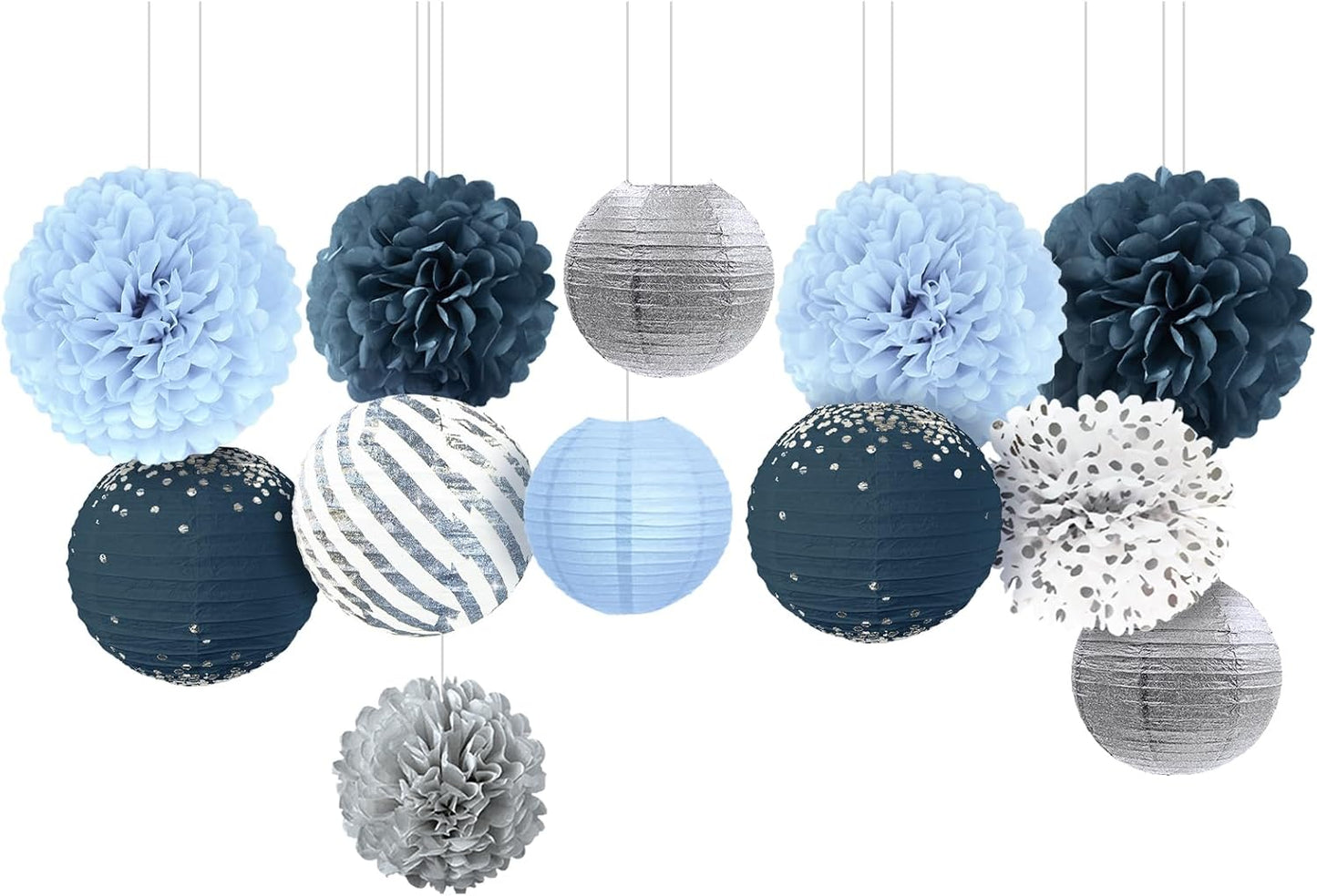 NICROLANDEE Dusty Blue Wedding Decorations, 12 PCS Blue Grey Tissue Pom Poms Paper Lanterns Decor for Birthday, Bridal Shower, Baby Shower, Bachelorette Party Hanging Decoration Supplies