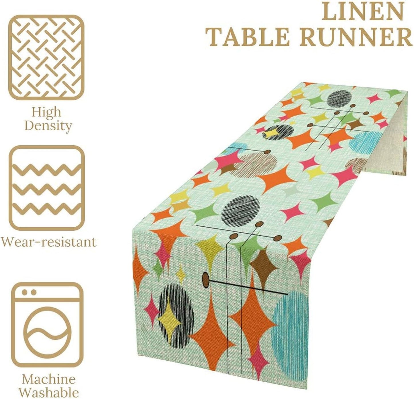 Mid Century Table Runner,Abstract Retro Modern Geometric Colorful Stripe Pattern Print Tablecloth Burlap for Hotel Indoors Outdoor Dining Room Kitchen Holiday Party, 13x36in