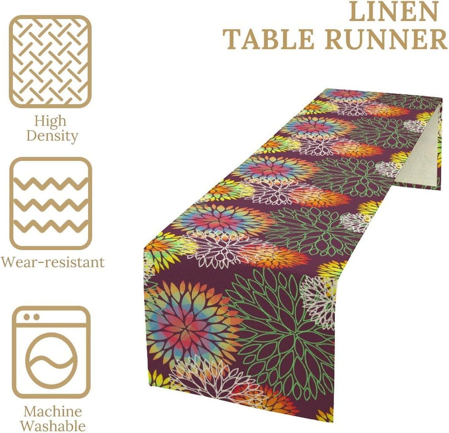 Brown Dahlia Flower Table Runner, Linen Geometric Pattern Floral Table Decor Spring Farmhouse Decorations for Kitchen Dining Holiday Party Decor, 13x60 Inch