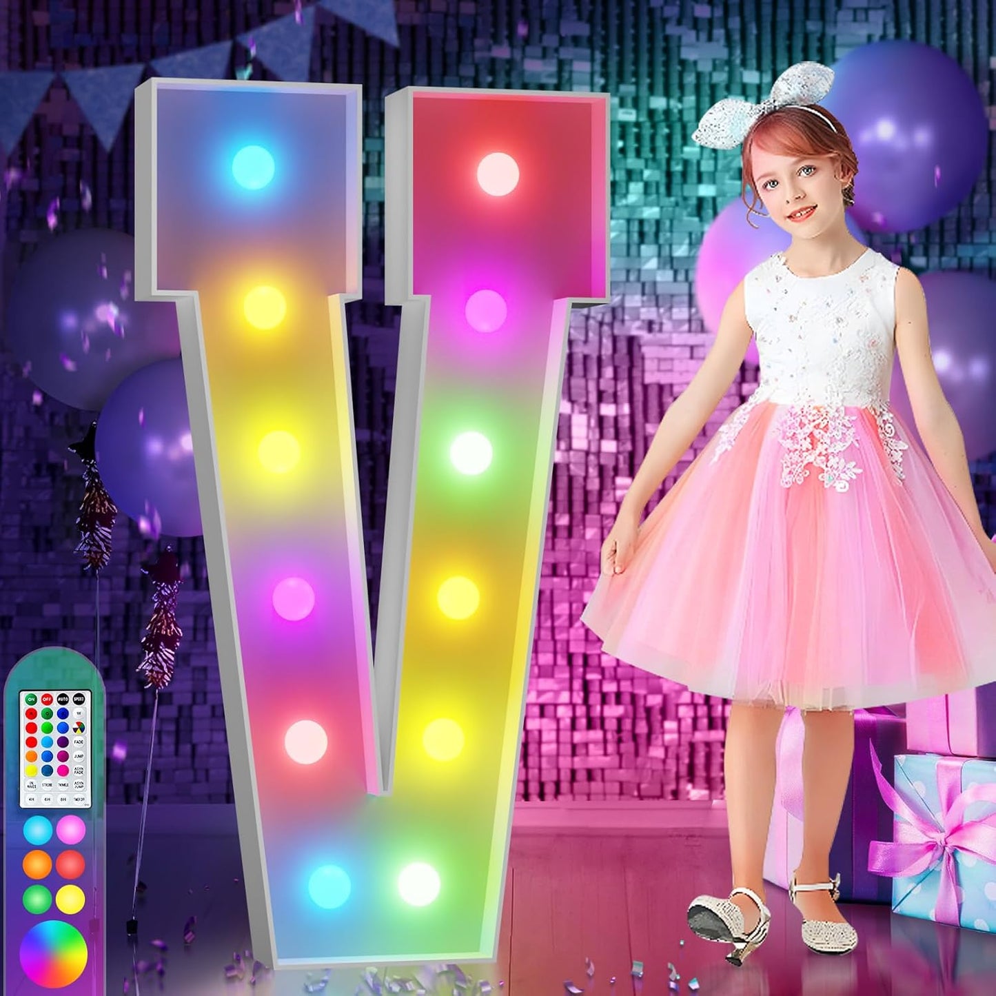 imprsv 4FT Colorful Marquee Light Up Letters V, 18 Colors Large Light up Letters Alphabet Sign with Remote, Large Marry Me Sign, Birthday Party Decorations Baby Shower Anniversary Wedding Decoration