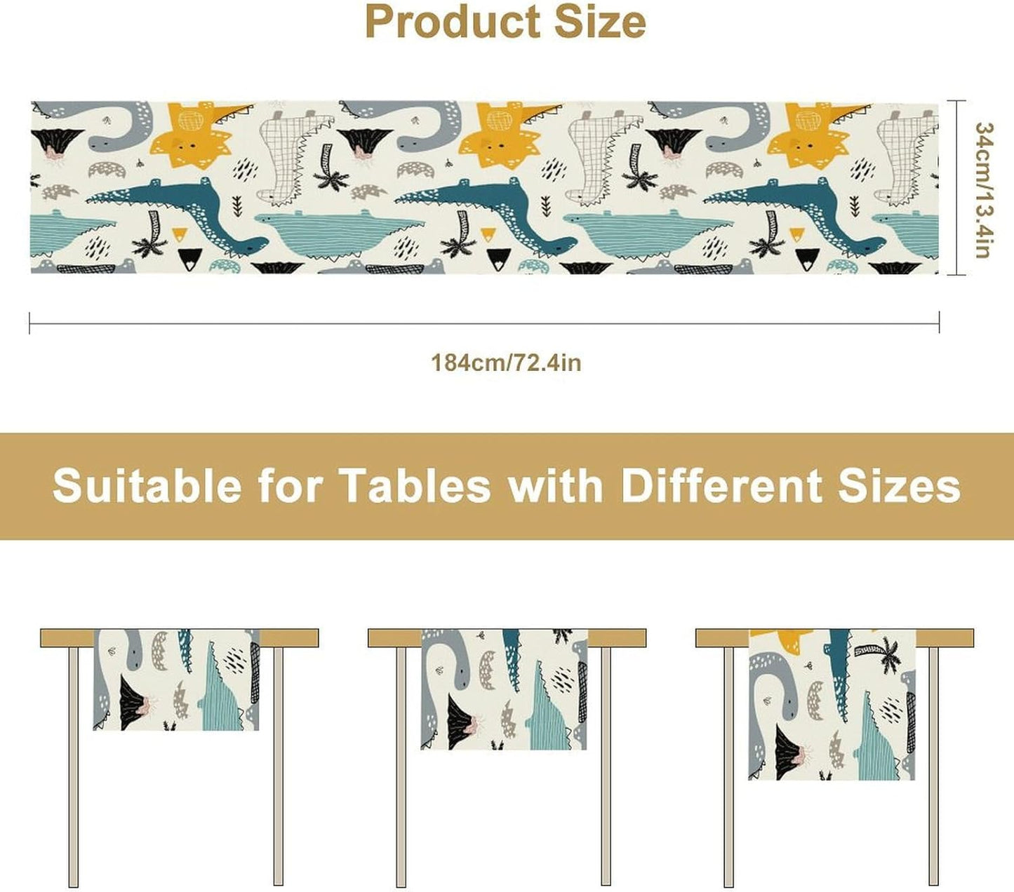 Cartoon Dinosaur Table Runner,Kids Boys Cute Various Dino Moutain Modern Abstract Print Tablecloth Burlap for Hotel Indoors Outdoor Dining Room Kitchen Holiday Party, 13x108in
