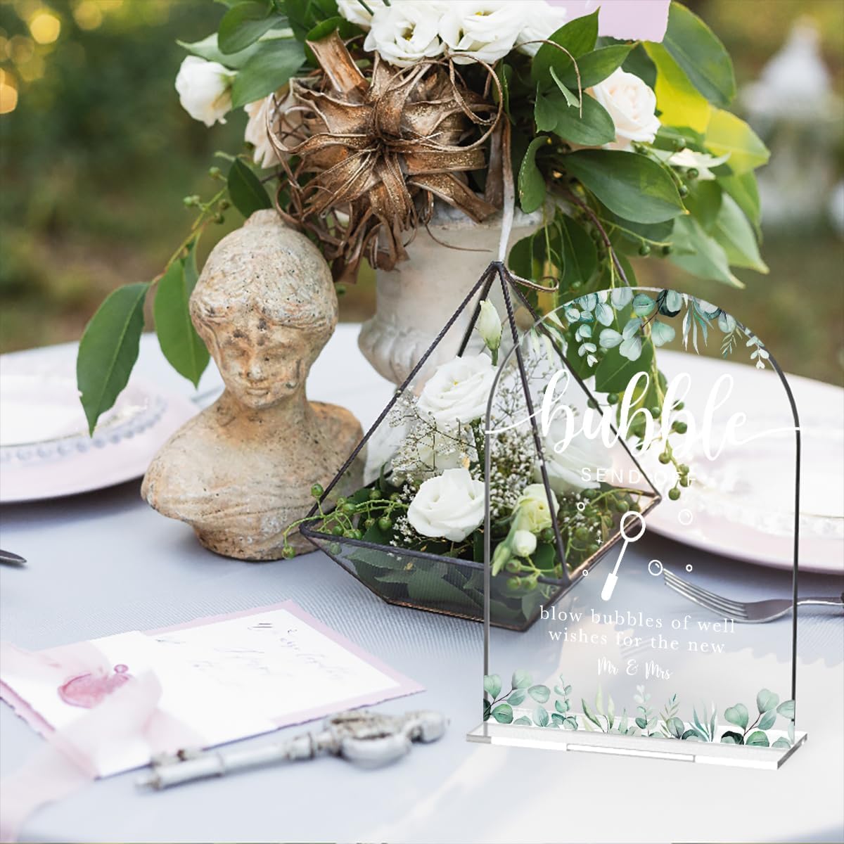 Acrylic Wedding Sign Bubble Send Off Signs for Ceremony Modern Calligraphy Arch Acrylic Table Top Signs for Wedding Reception and Event Party Table Decor (Eucalyptus Leaves)