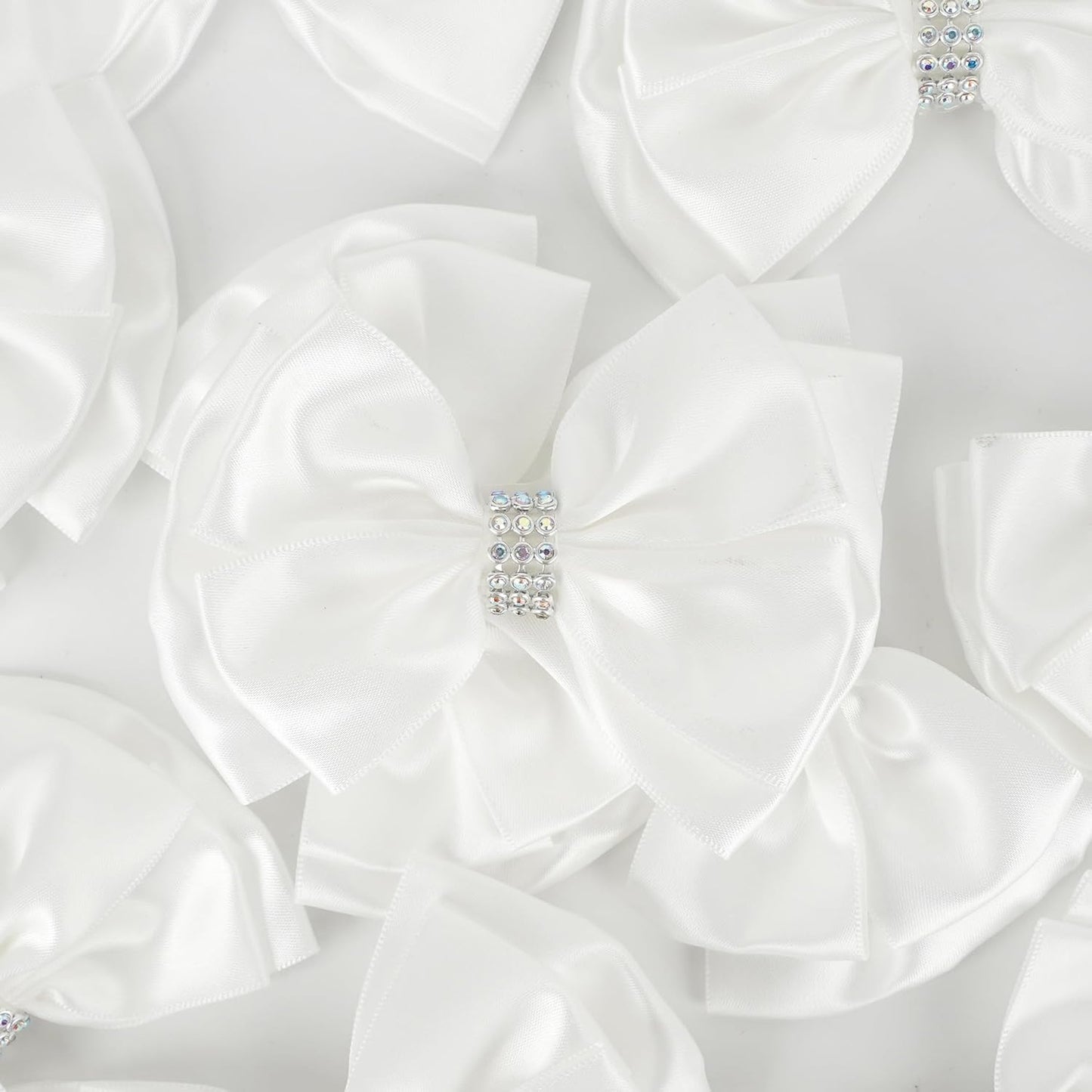 White Satin Bows 4'' Premade White Ribbon Bows, Gift Bows with Rhinestone, Wrapping Bows for Presents, Greeting Cards, Treat Bags, Wine Bottles, Valentines Bows for Gift Wrapping-12 Counts