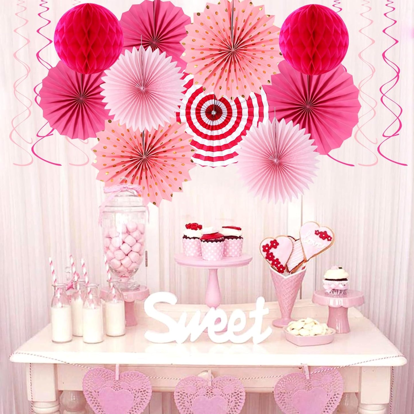 Hot-Pink Rose Red Party-Decorations - 33pcs Banner,Streamers Tassel Garland,Tissue Pom Poms Honeycomb,Paper Lanterns Fan,Birthday Wedding Bridal Baby Shower Bachelorette Engagement Decor Hugtmr