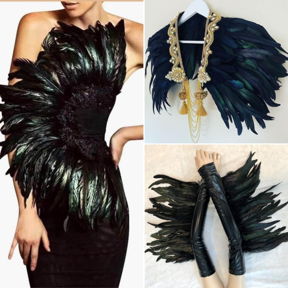 Holmgren Dark Green Rooster Feather Trim - 10-12inch 2 Yards Natural Large Rooster Tail Feathers Fringe Trim for DIY Sewing Crafts, Feather Cape Shawl, Wings, Party Costumes Decoration (Dark Green)