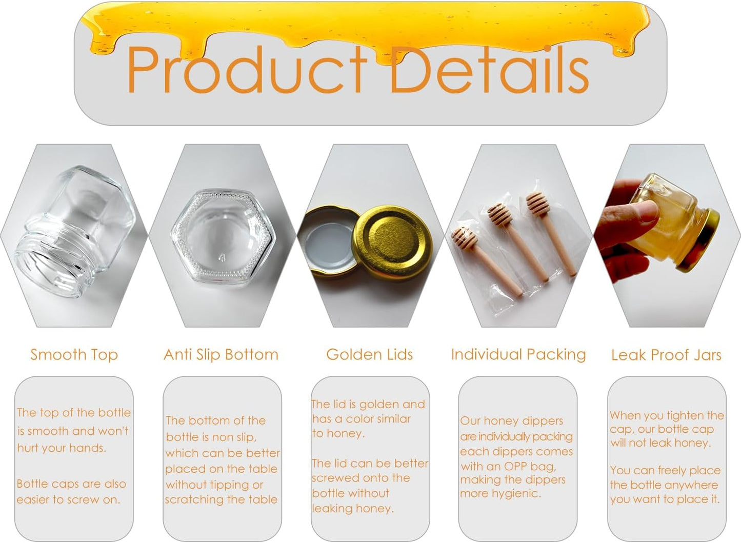 Mini Honey Jars - Hexagon Little Glass Honey Jar with Gold Lids, Wooden Dippers, Bee Charms and Jutes - Small Honey Jars for Baby Showers, 20Pack